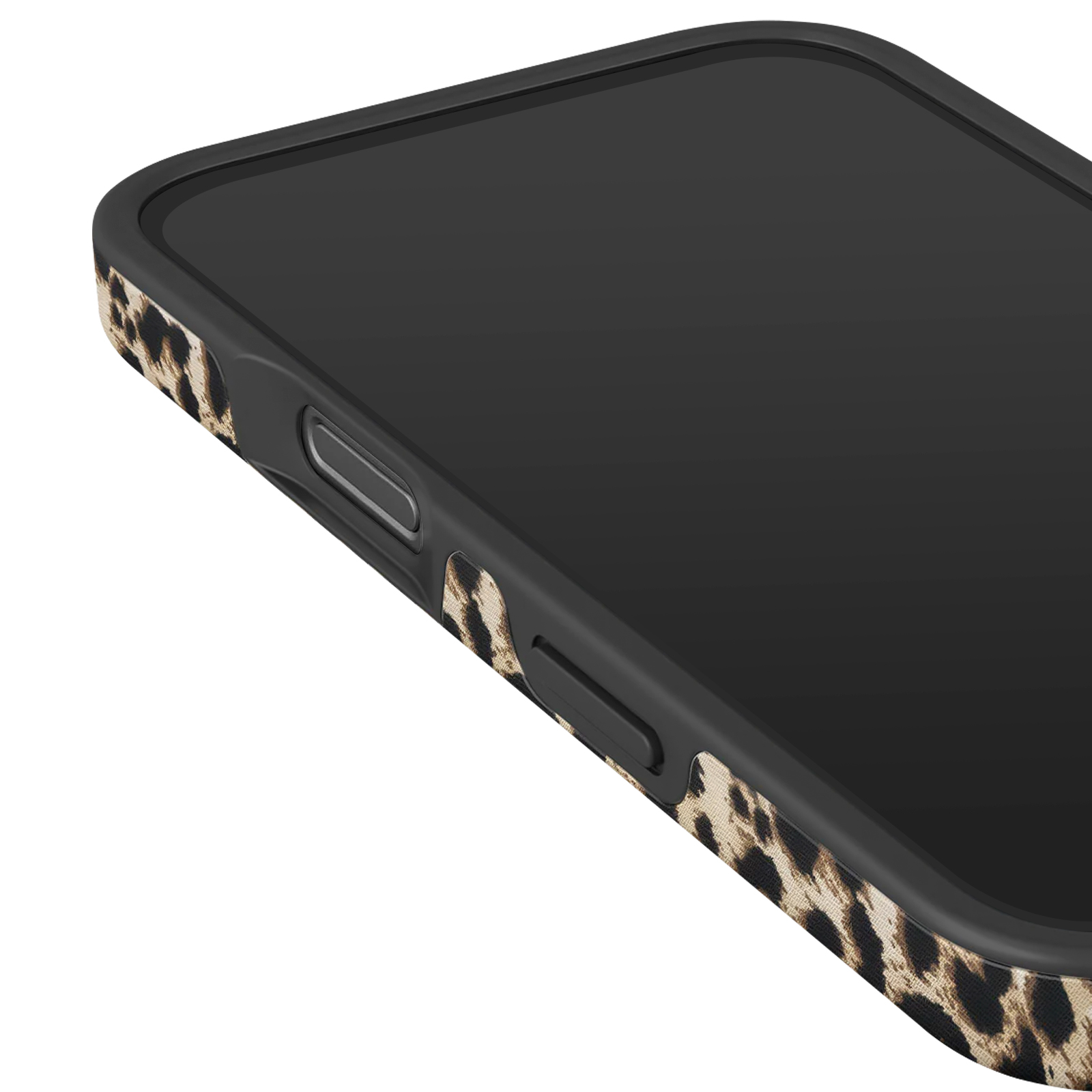 Close-up van een telefoon in een zwarte en luipaardprint hoes. Het scherm is donker. De achtergrond is wit.