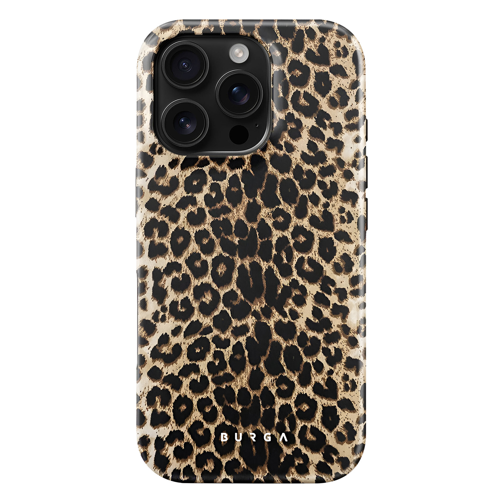 Een telefoonhoesje met een luipaardprint, met zwarte vlekken op een bruine achtergrond.