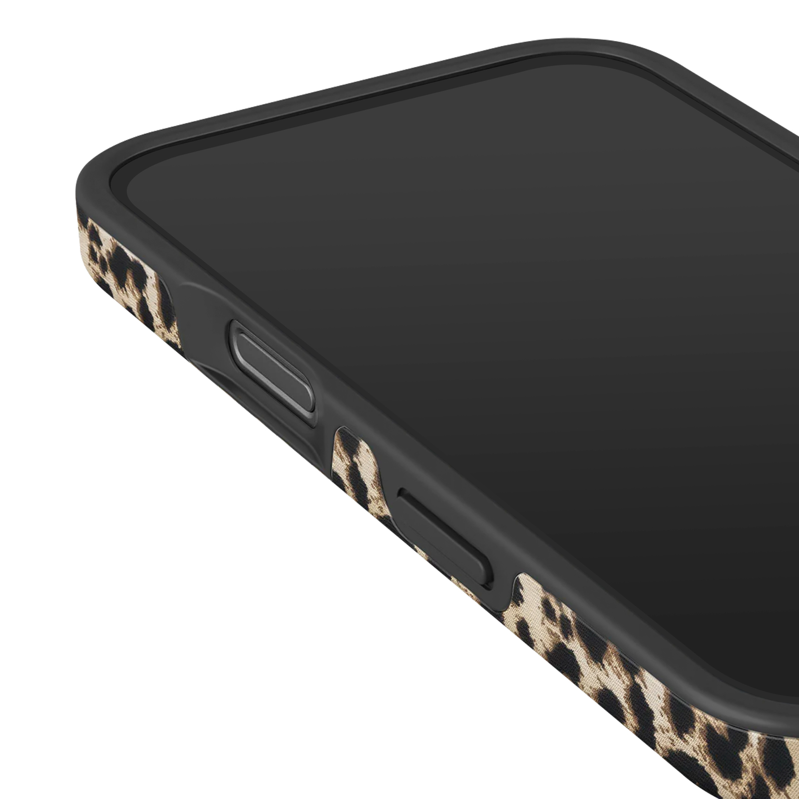 Close-up van een telefoon in een hoesje met luipaardprint, met zwart scherm en knoppen.