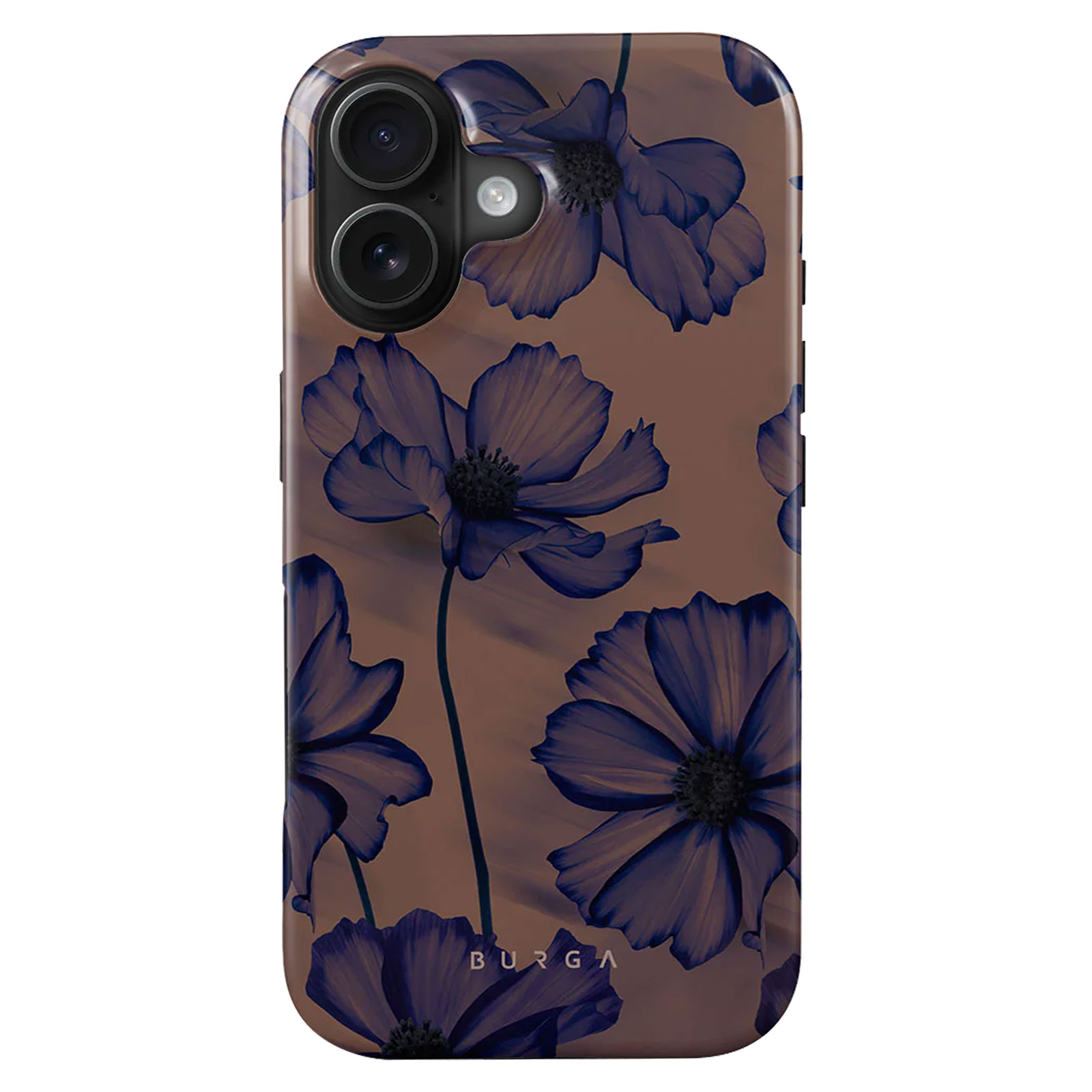 Een telefoonhoesje met een bruine basis en een blauw bloemmotief. De hoes heeft cameraholes.