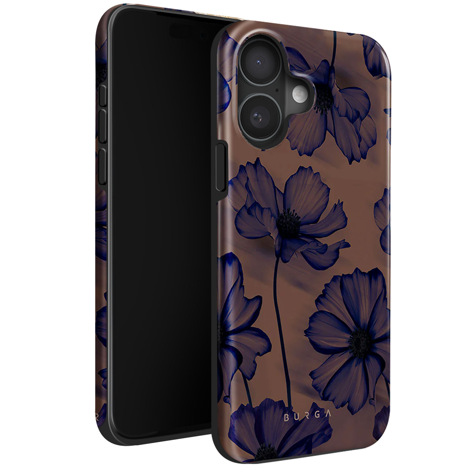 Een telefoonhoesje met een bloemenontwerp in blauw en bruin. Het merk 'BURGA' is zichtbaar op het hoesje.
