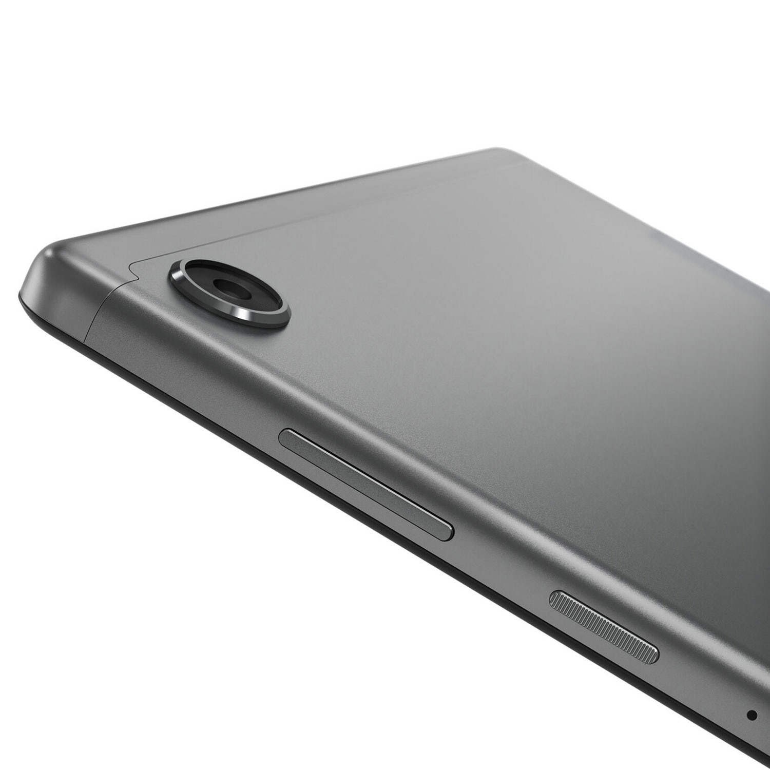 Szary tablet z aparatem i przyciskami z boku.