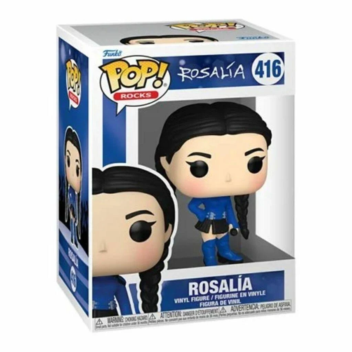 Figura Funko Pop de Rosalía en una caja. Muestra la figura de Rosalía con un atuendo azul.