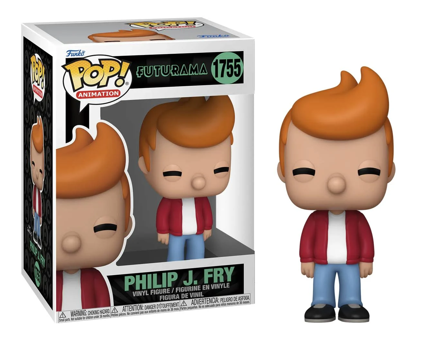 Funko Pop! di Philip J. Fry di Futurama, in scatola e come figura indipendente.