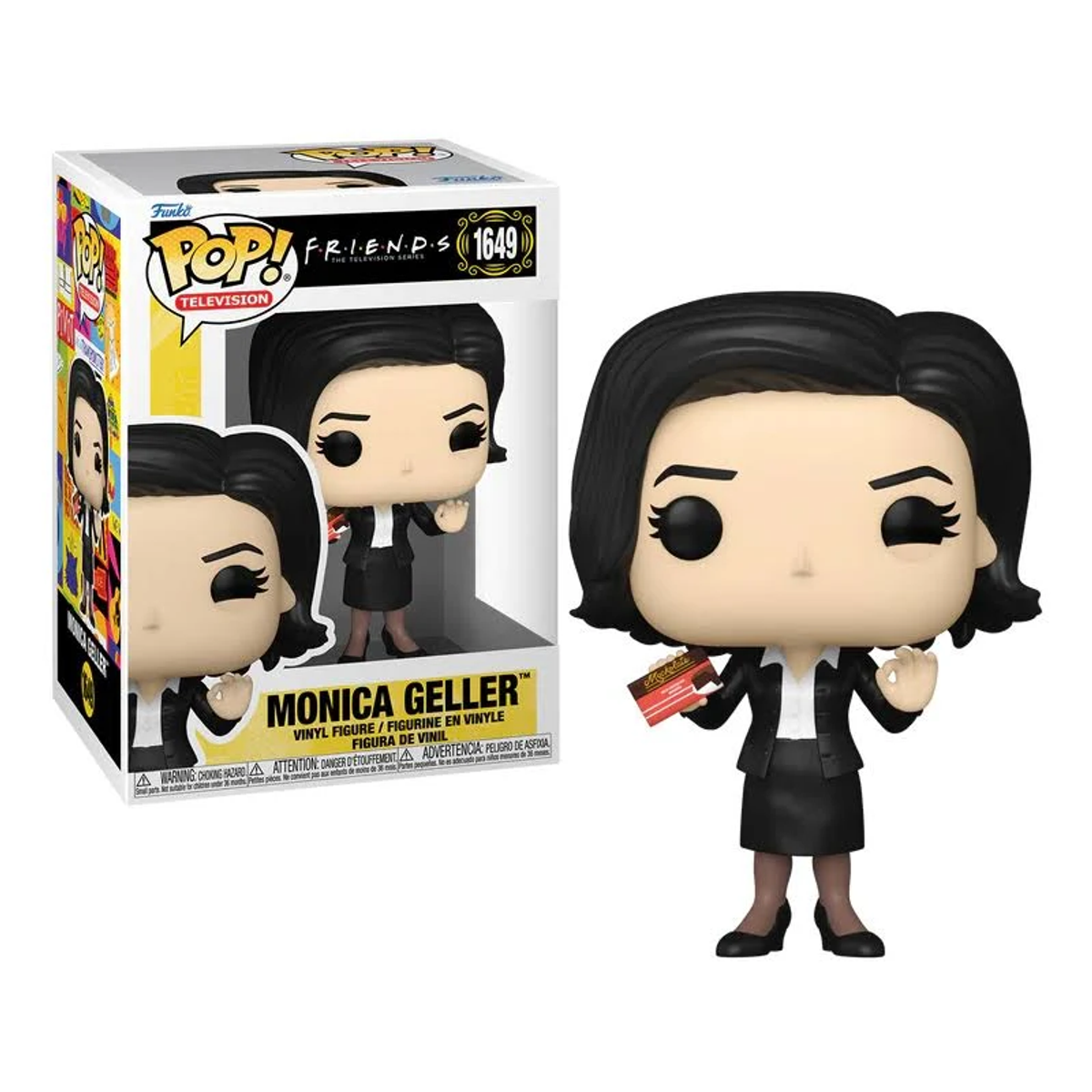 Figura Pop de Monica Geller Funko en una caja. Lleva un traje negro y sostiene una tarjeta.