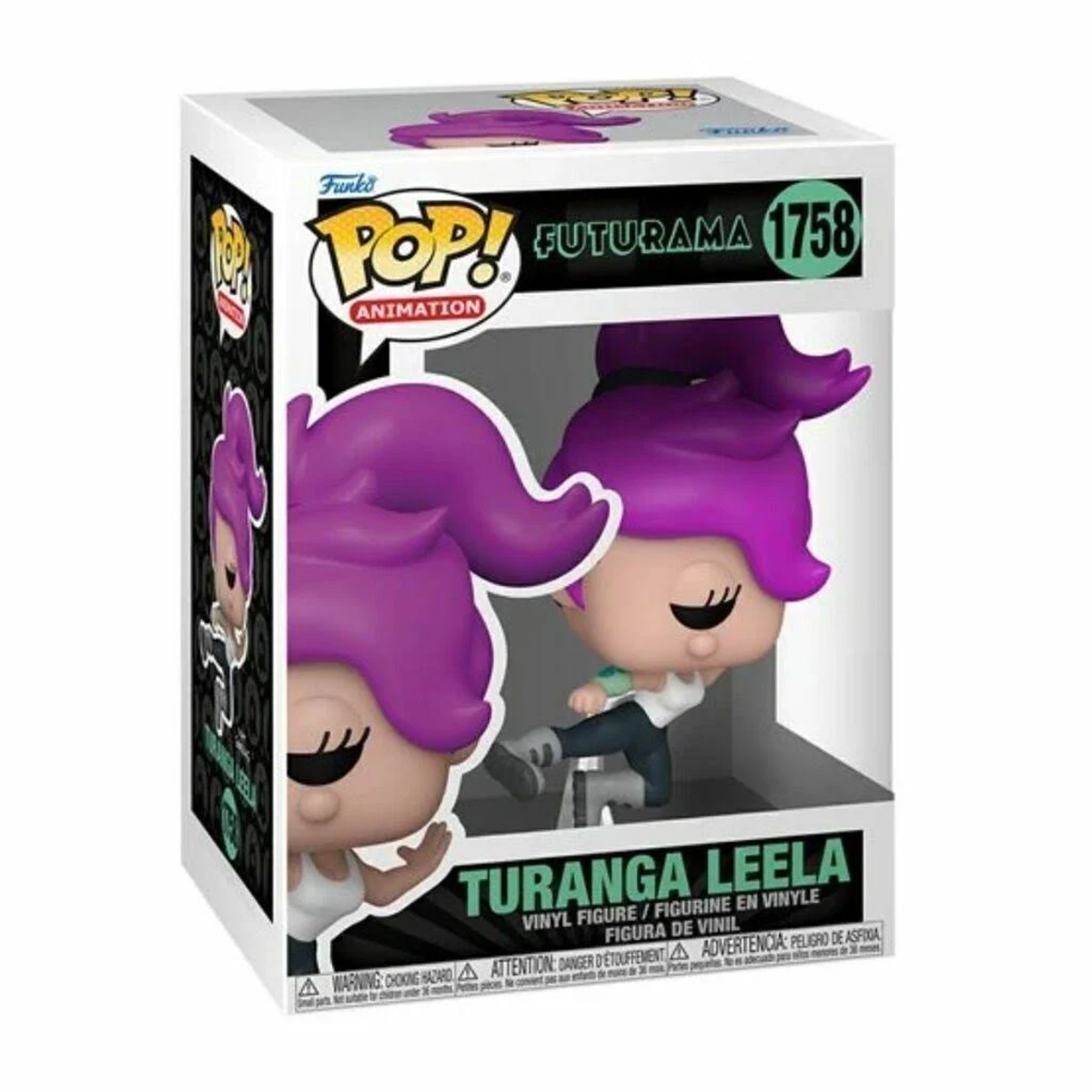 Una scatola Funko Pop con Turanga Leela di Futurama, la sua figura è esposta.