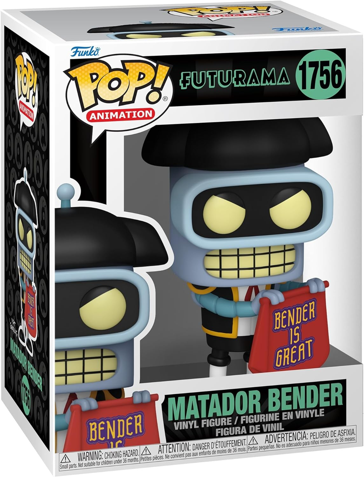 Action figure di Bender di Futurama in una scatola. Bender tiene in mano un cartello con scritto 'Bender is great'.