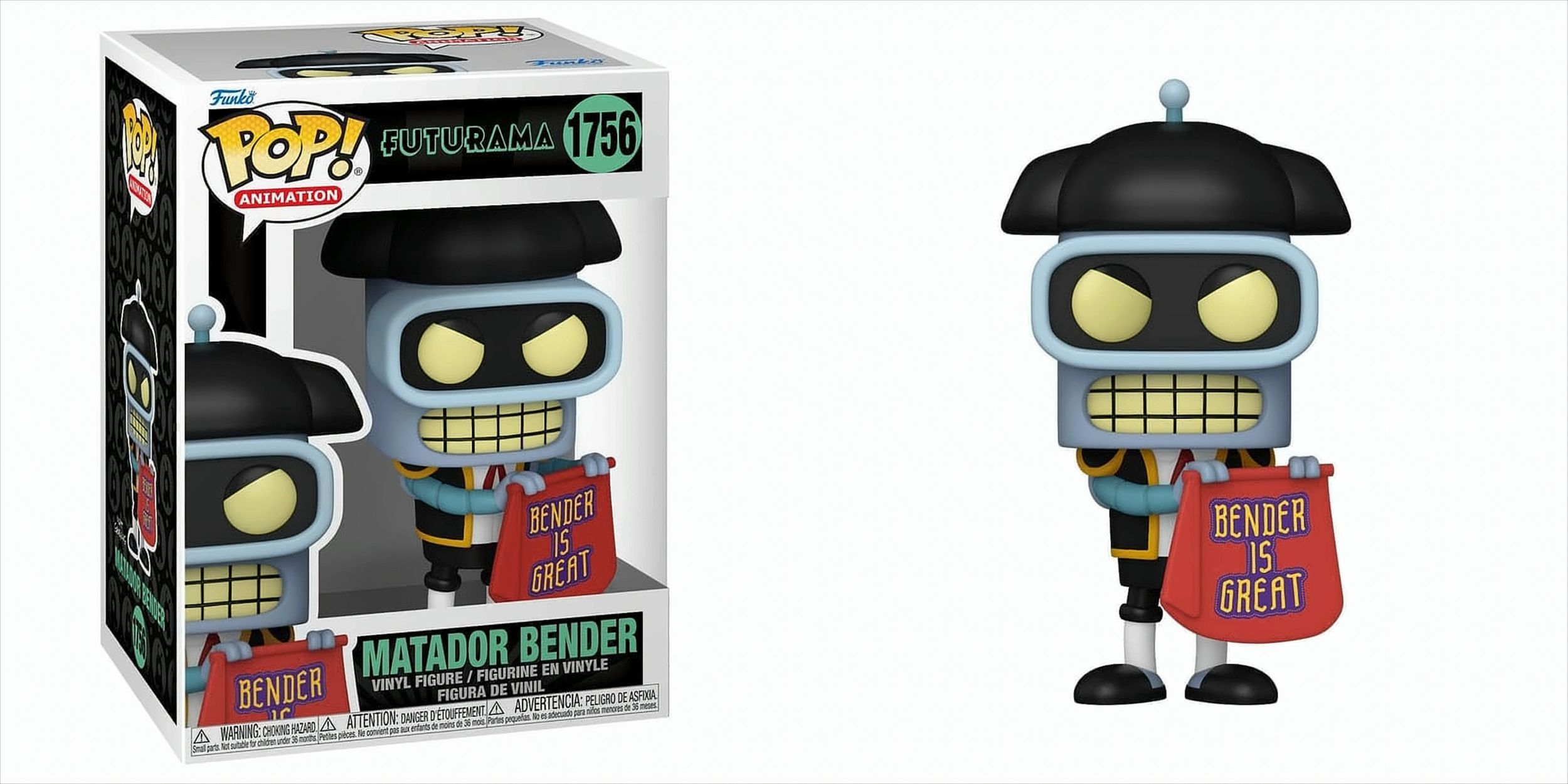 Giocattolo di Bender di Futurama in una scatola. Bender è vestito con un abito da matador, con in mano un cartello che dice 'Bender is Great'.