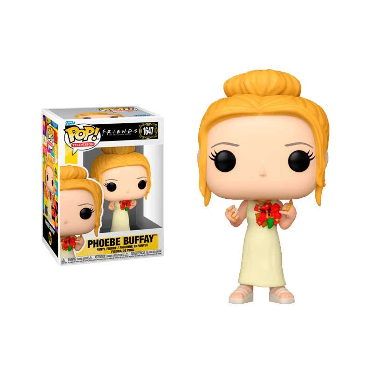Figura Funko Pop de Phoebe Buffay en caja. Usa vestido amarillo y flor roja.
