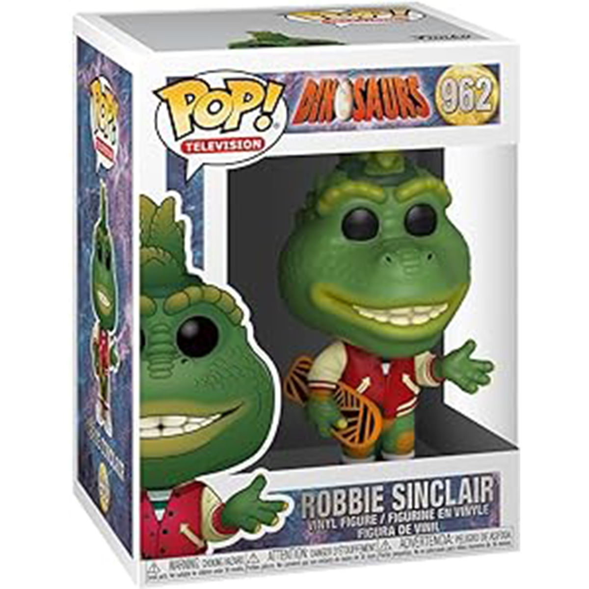 Una scatola Funko Pop di Robbie Sinclair. La scatola mostra la figura e un dinosauro dei cartoni animati.