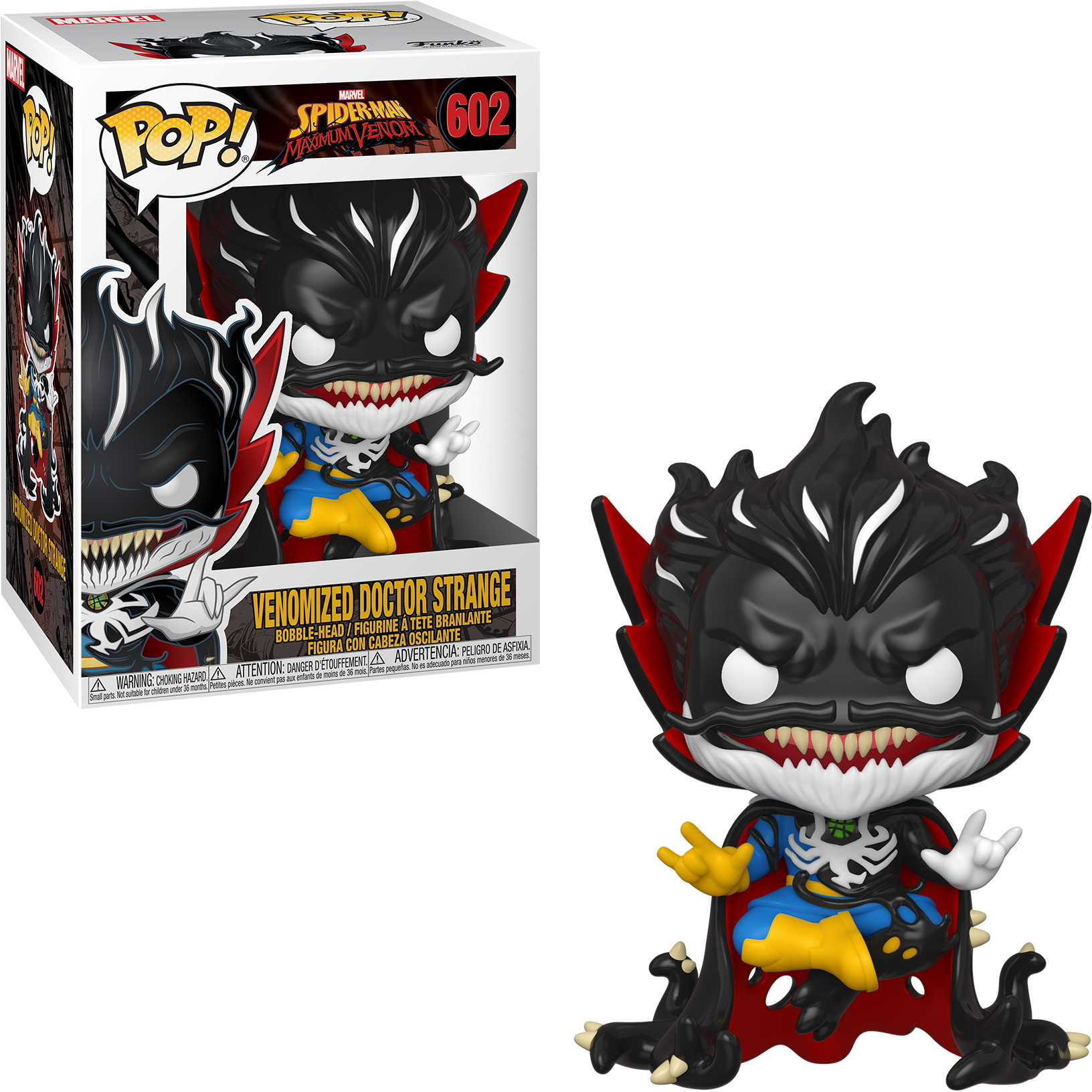 Una figura e scatola Funko Pop di Doctor Strange Venomizzato. La figura è nera e bianca con un mantello rosso.