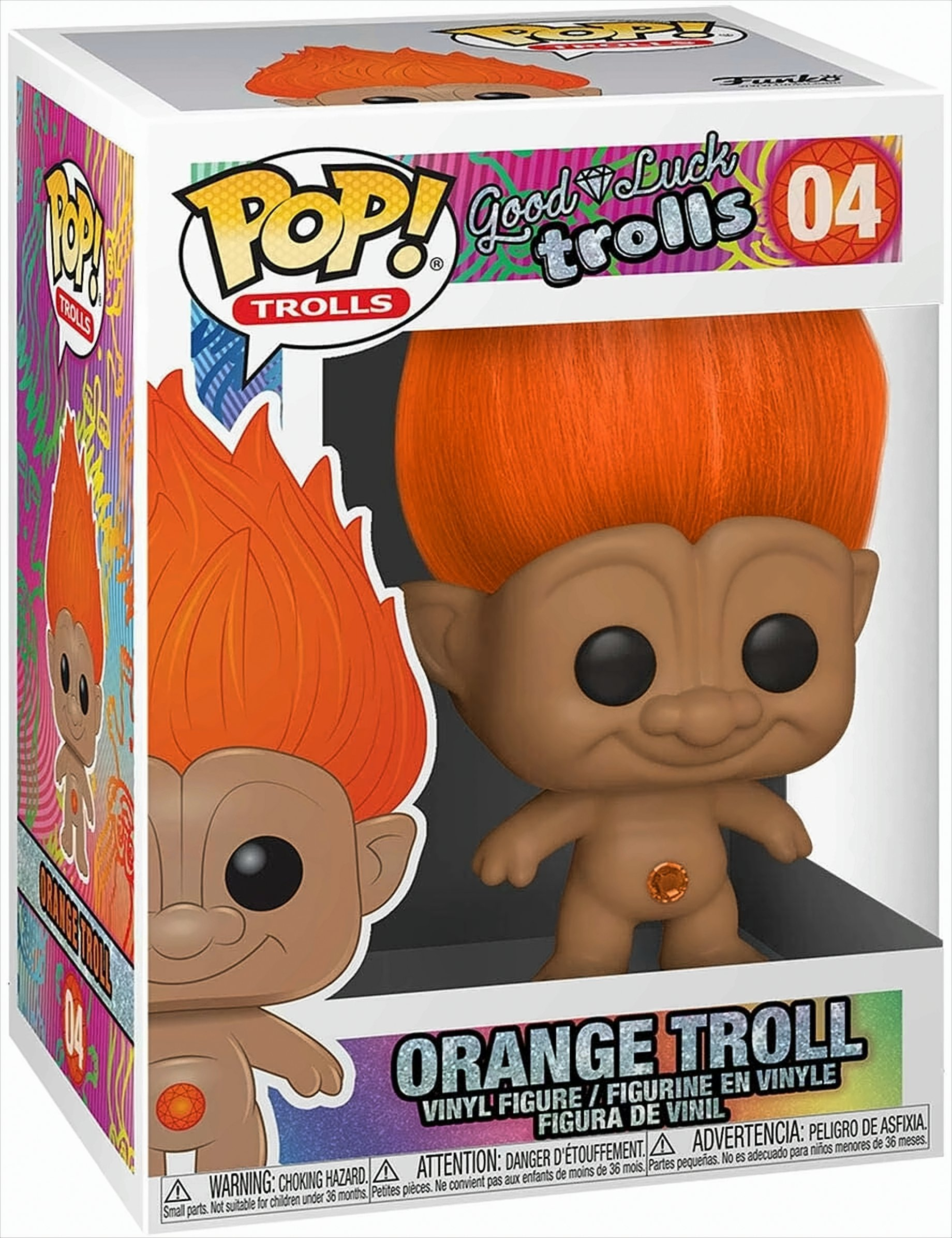 Scatola con una figura di troll. Il troll ha i capelli arancioni.