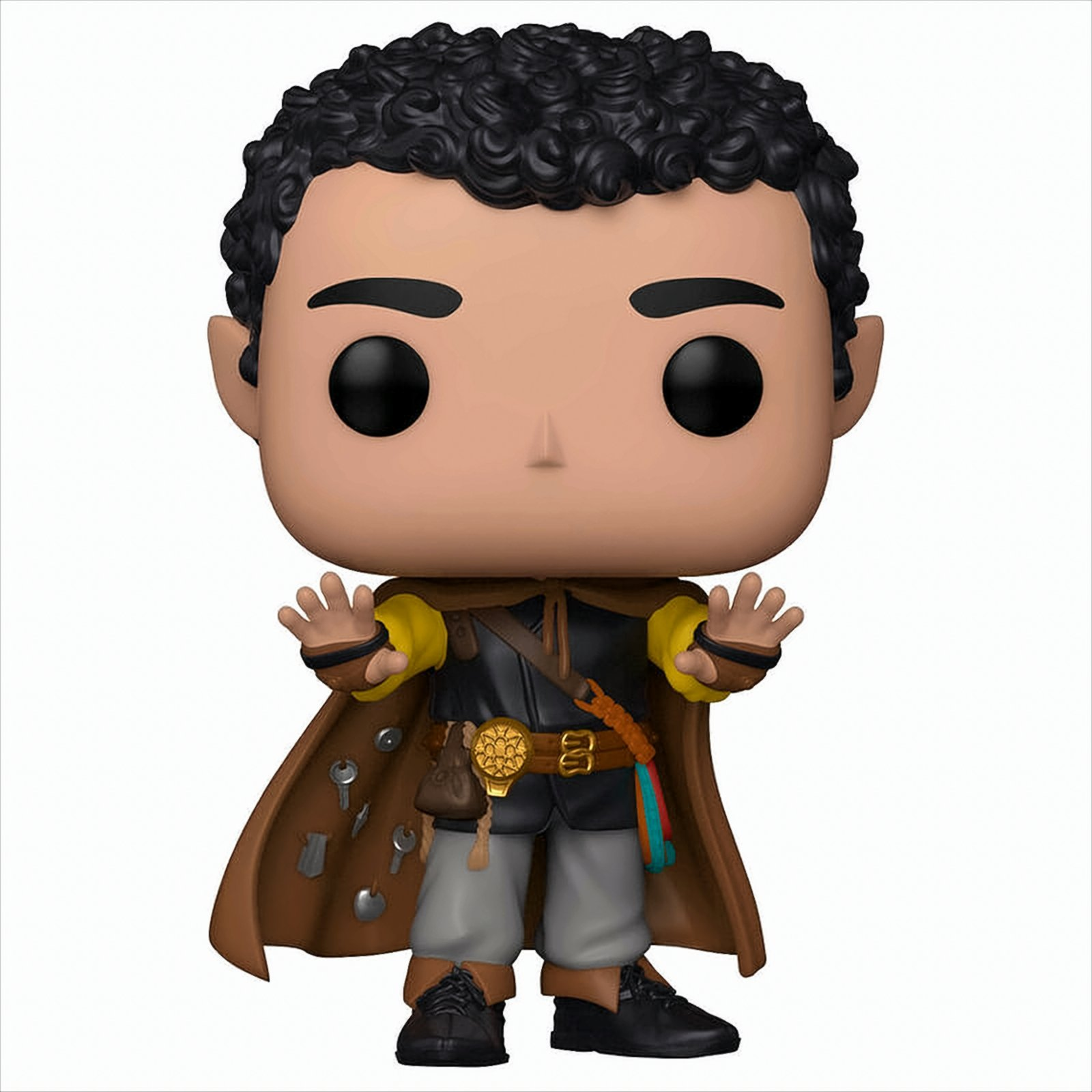 Una statuetta di un uomo con capelli neri ricci, che indossa un abito marrone. Ha occhi neri e mani alzate.