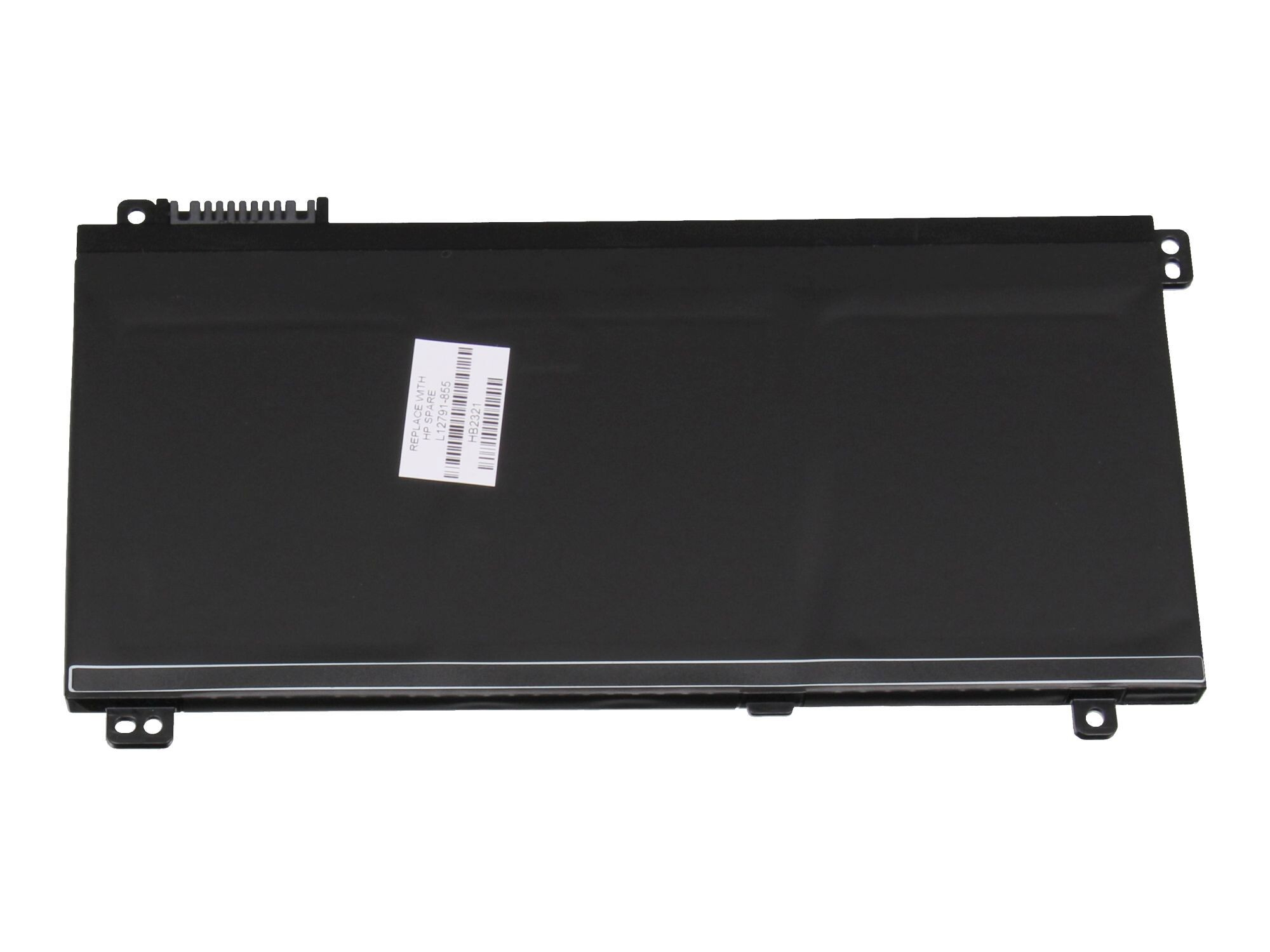 Schwarzer rechteckiger Laptop-Akku mit weißem Aufkleber und Metallrahmen.