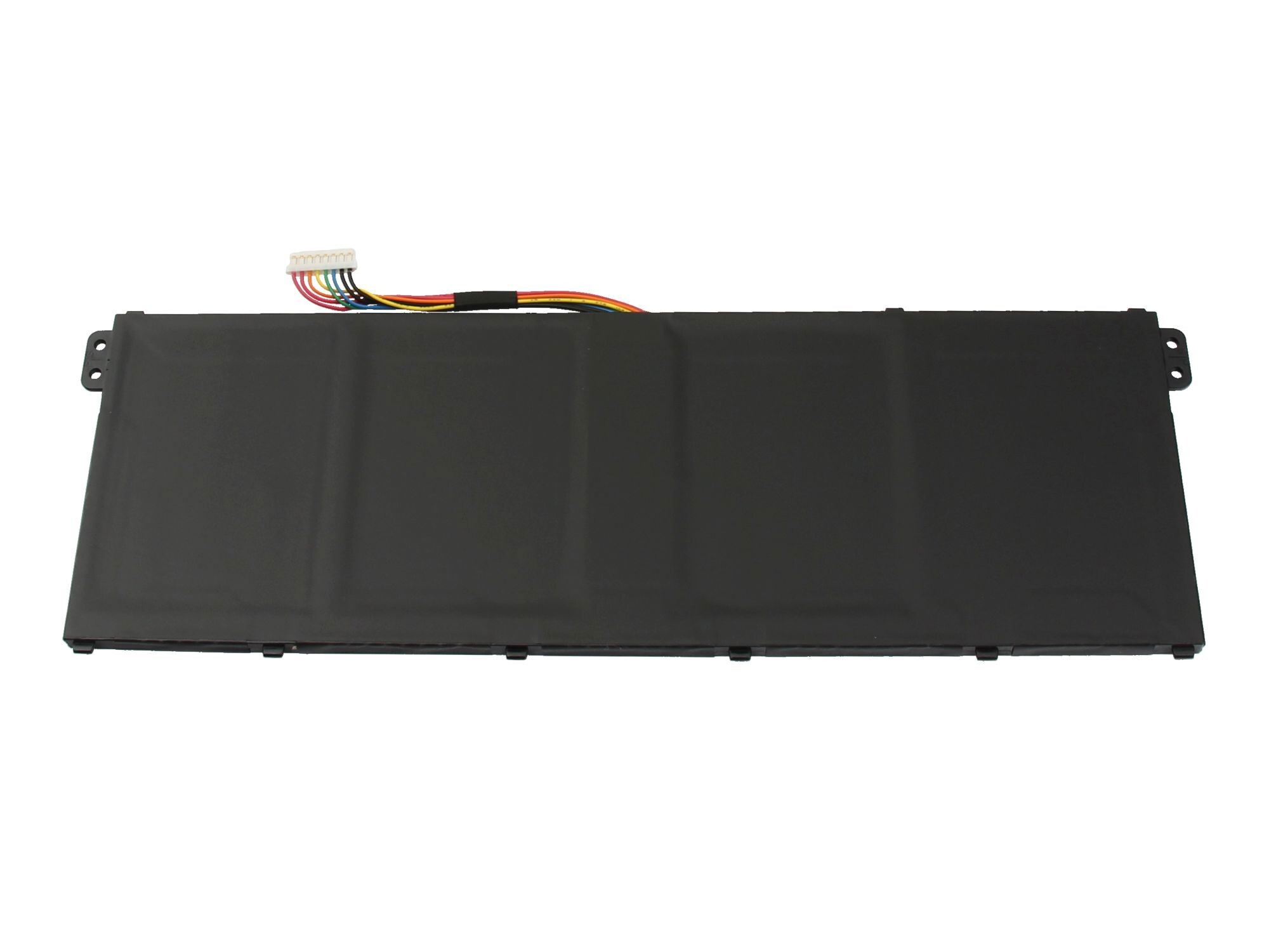 Schwarzer Laptop-Akku mit Stecker auf weißem Hintergrund. Der Akku hat eine rechteckige Form.