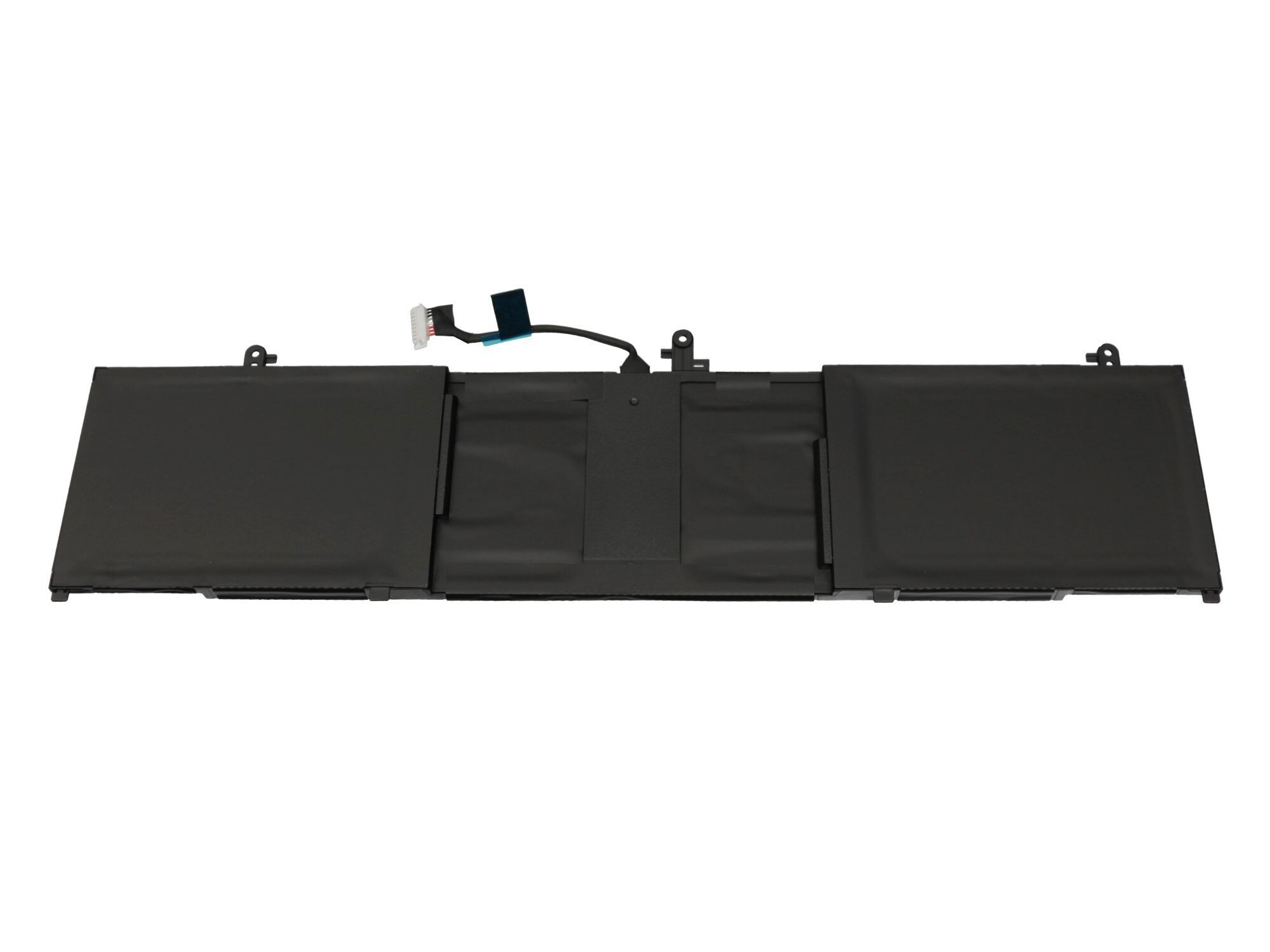 Laptop-Akku mit drei Zellen und einem Kabel. Die Batterie ist rechteckig.