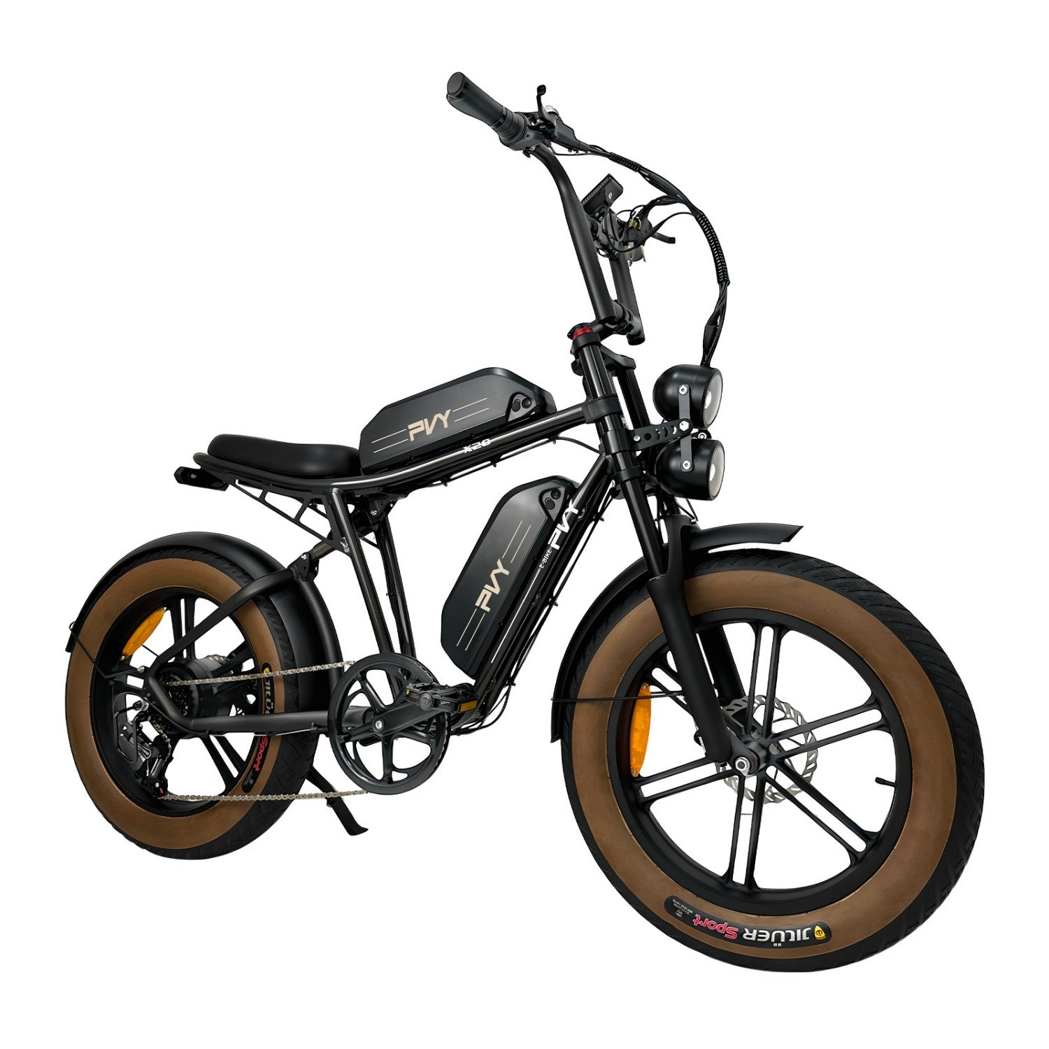 Bicicletta elettrica nera con pneumatici marroni. Con fari, batteria e sedile.