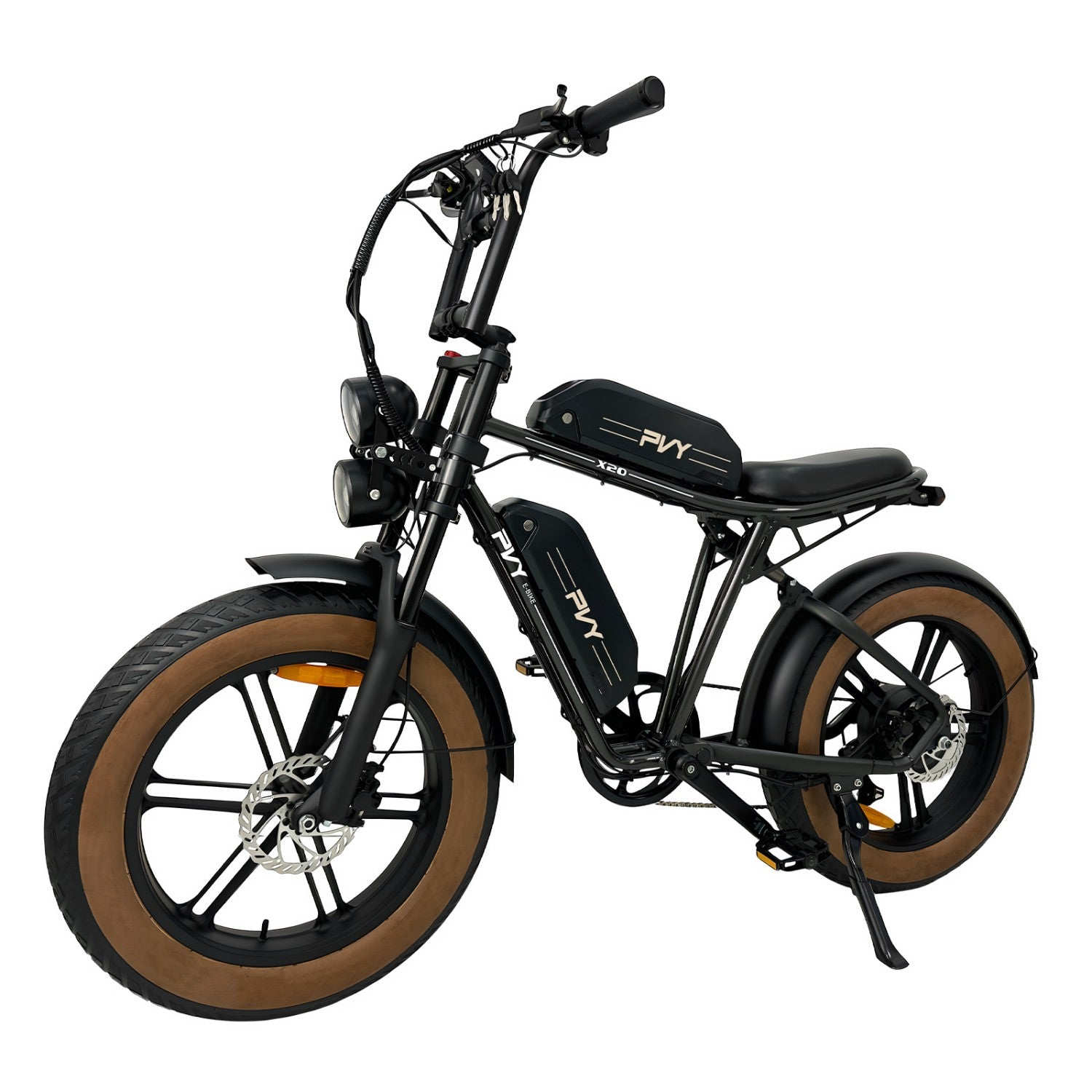 Bicicletta elettrica nera con pneumatici marroni, due luci e sella nera, su sfondo bianco.