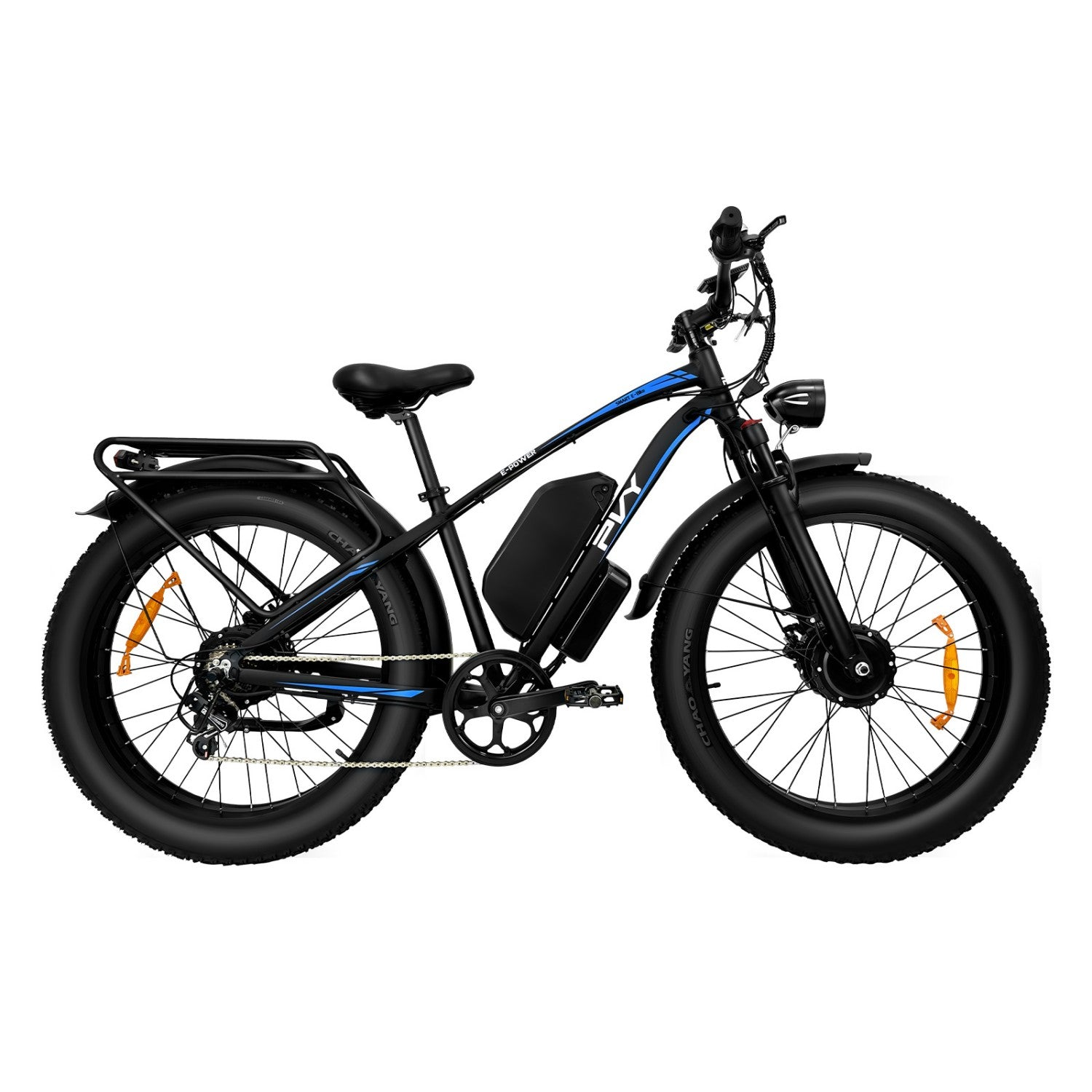 Ein elektrisches Fatbike. Es ist schwarz mit blauen Akzenten. Es hat große Reifen und Lichter.