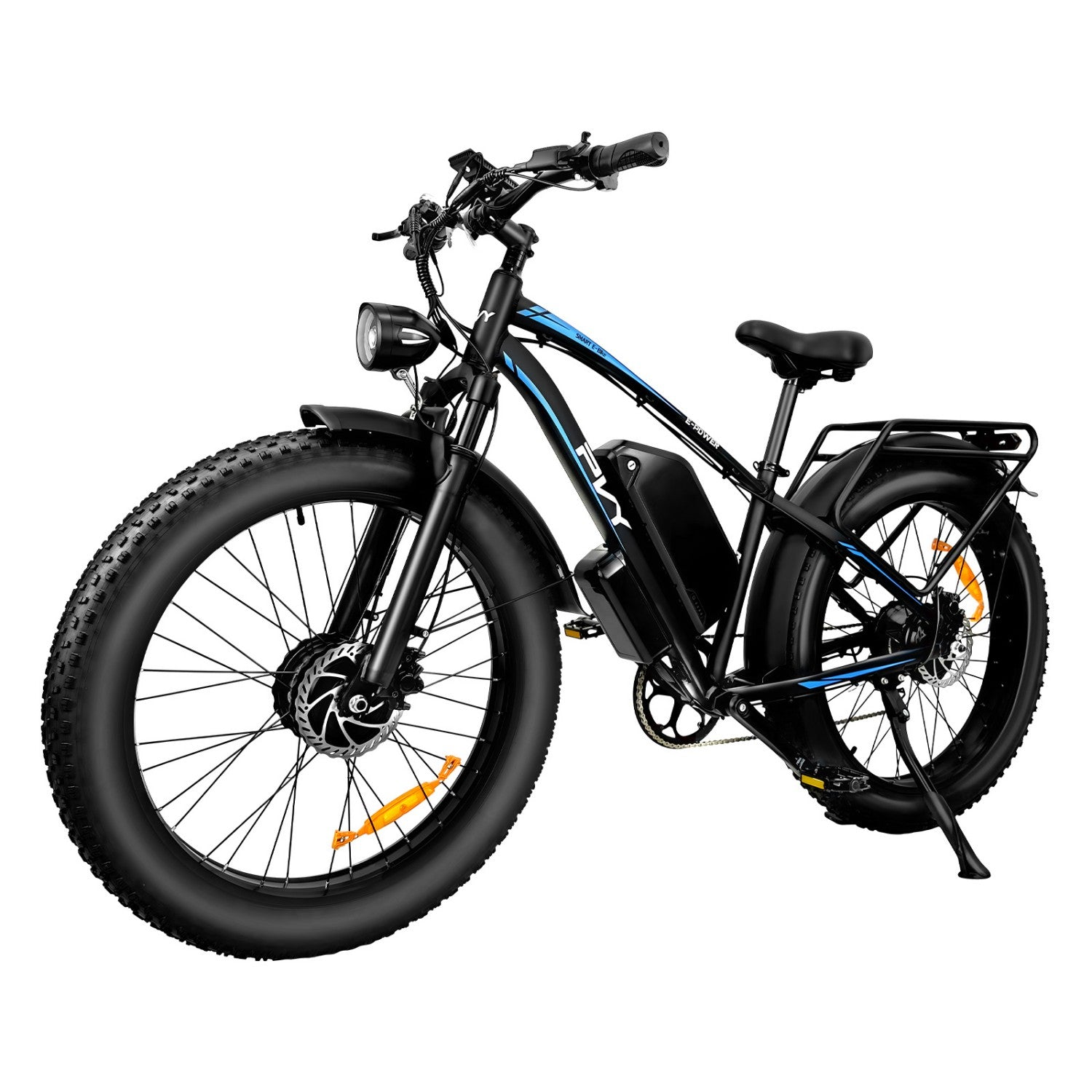 Ein schwarzes Elektrofahrrad mit großen Reifen. Es hat ein Licht und einen Gepäckträger.