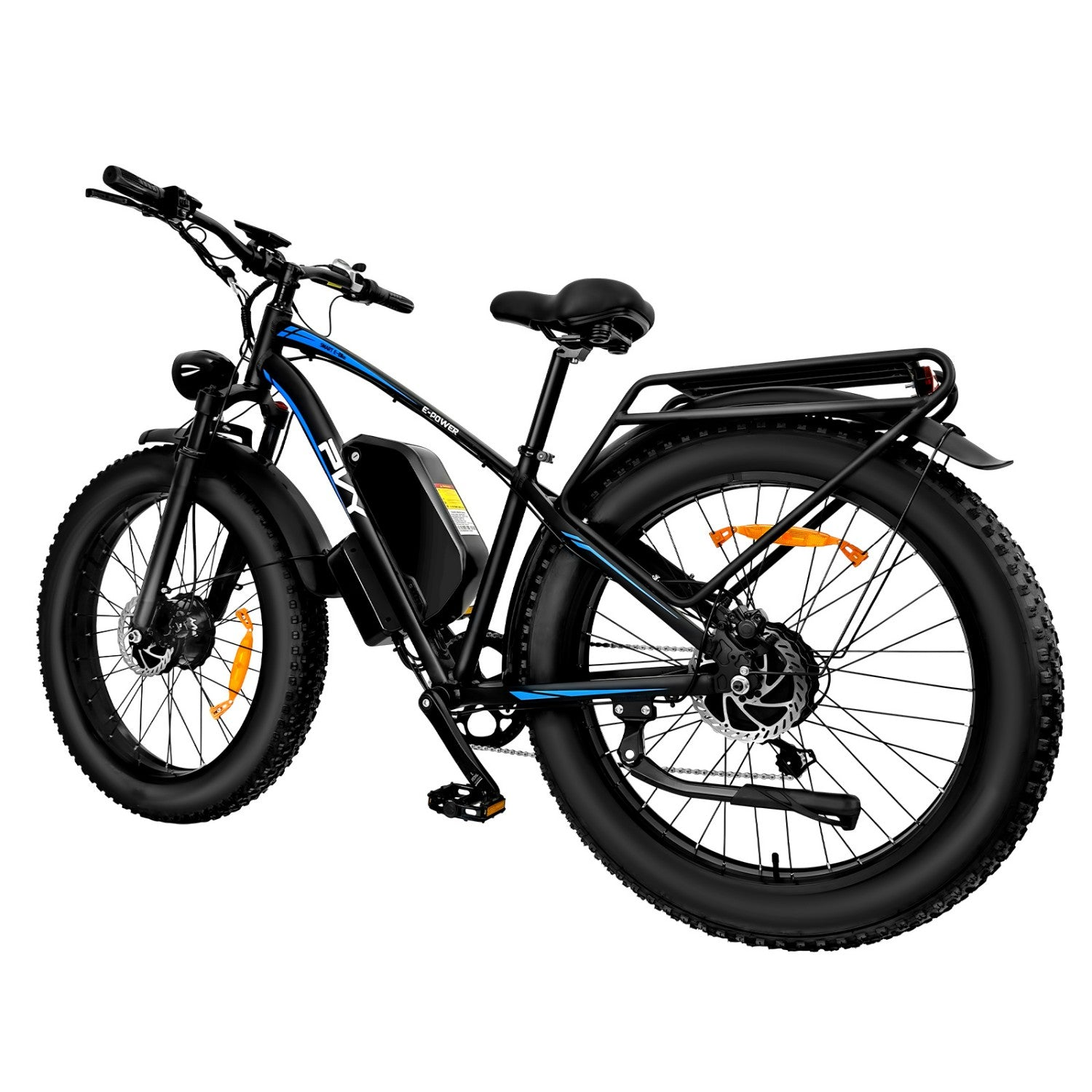 Schwarzes Elektrofahrrad mit breiten Reifen. Blaue Akzente und Gepäckträger sichtbar.