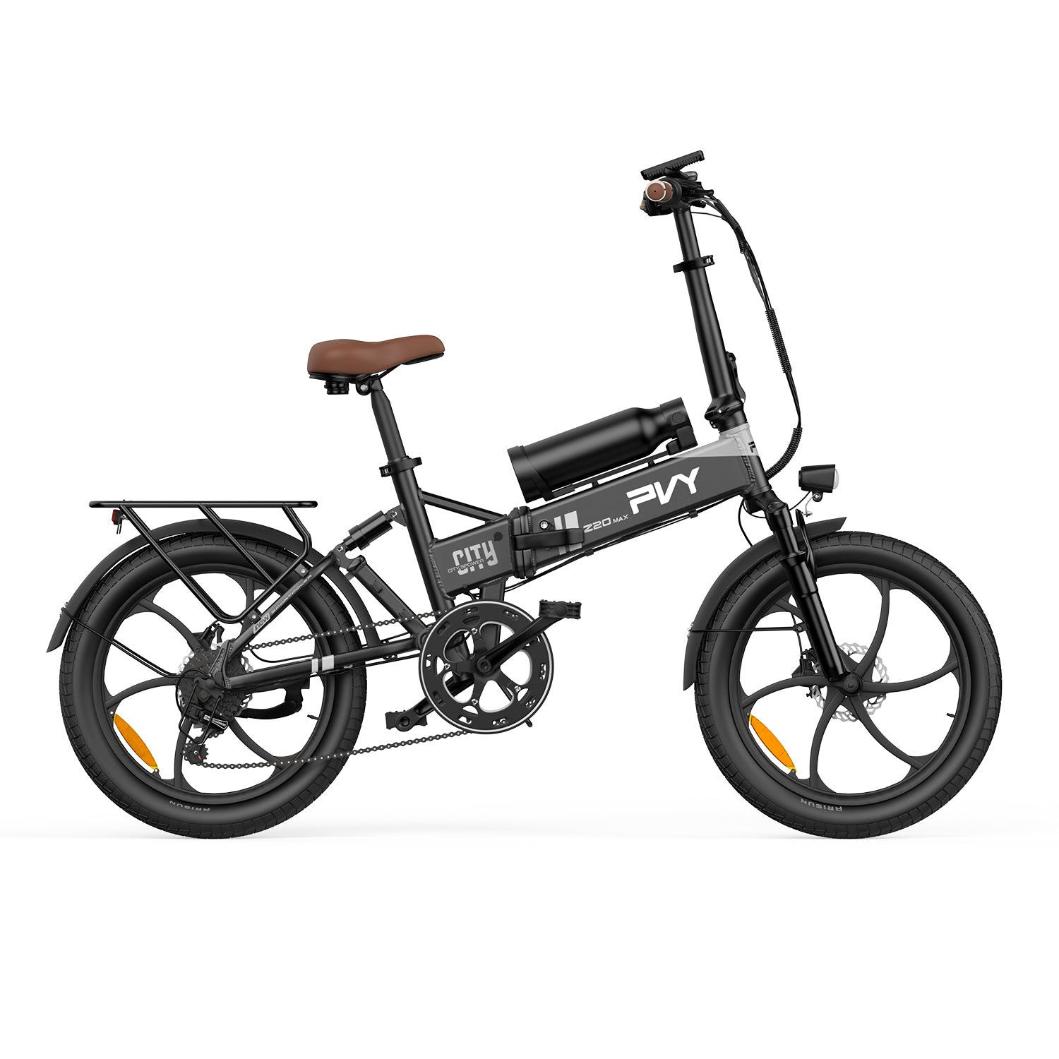 Bicicletta elettrica nera con sella marrone, telaio nero e catarifrangenti arancioni. Sfondo bianco.
