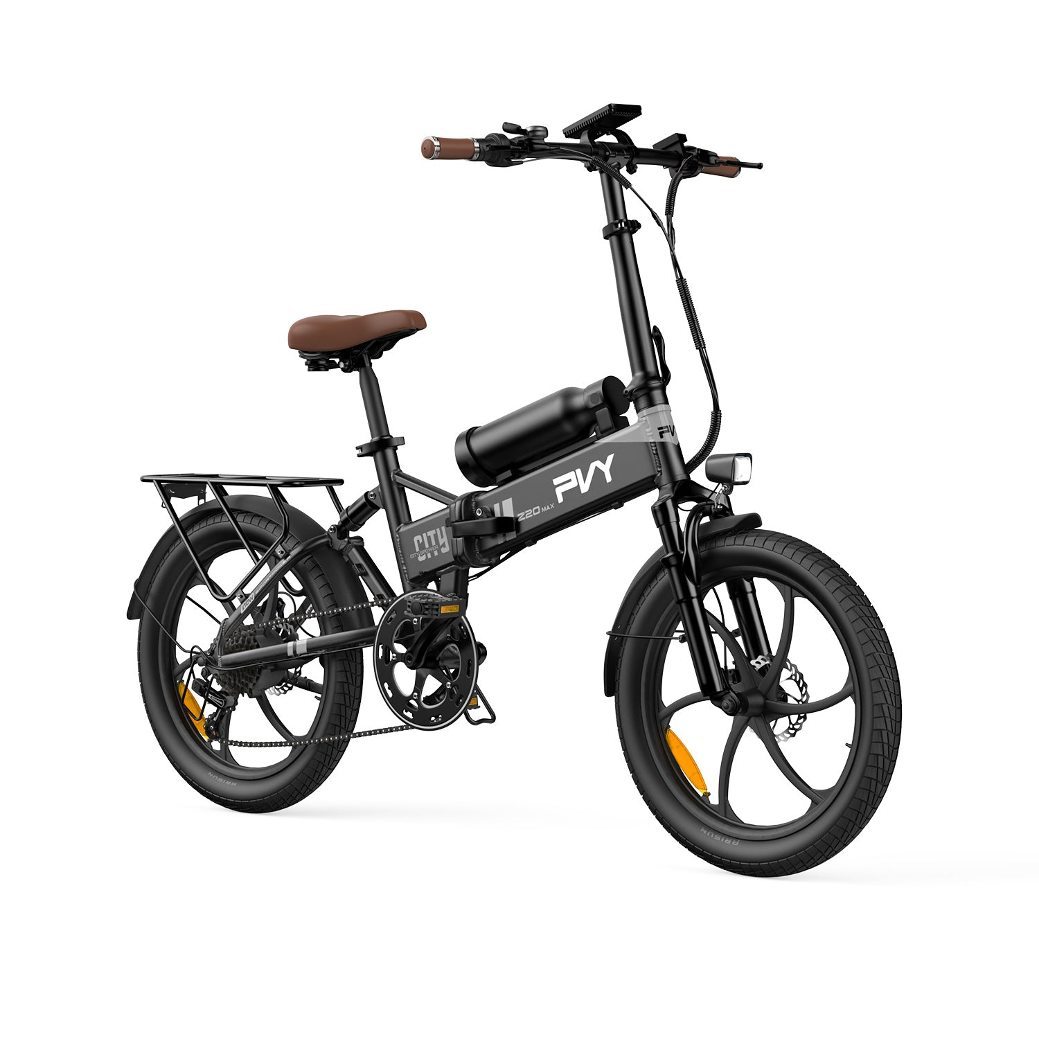 Bicicletta elettrica nera e grigia su sfondo bianco. Sella e manubrio marroni.