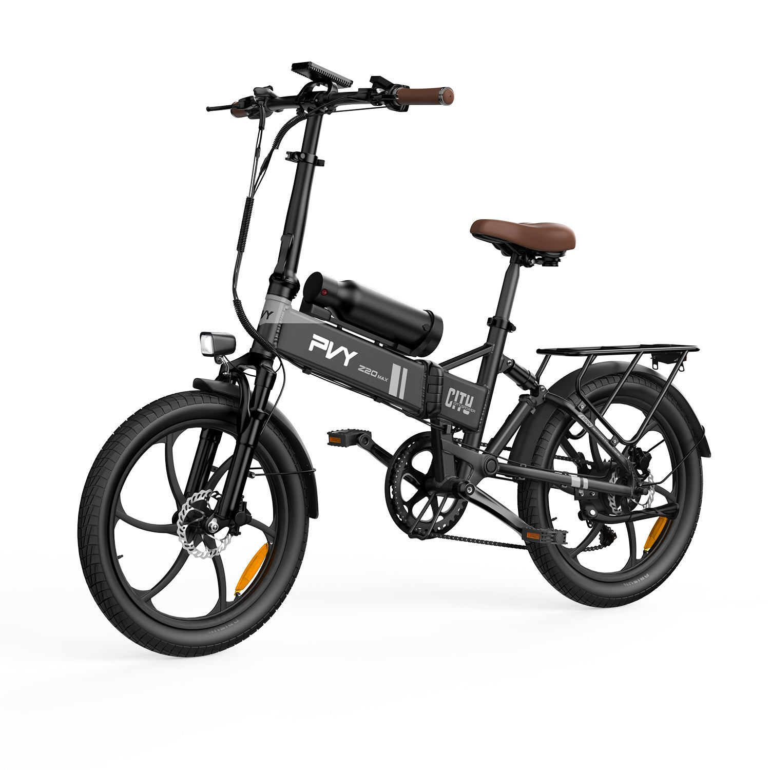 Bicicletta elettrica pieghevole nera con sella marrone e portapacchi.