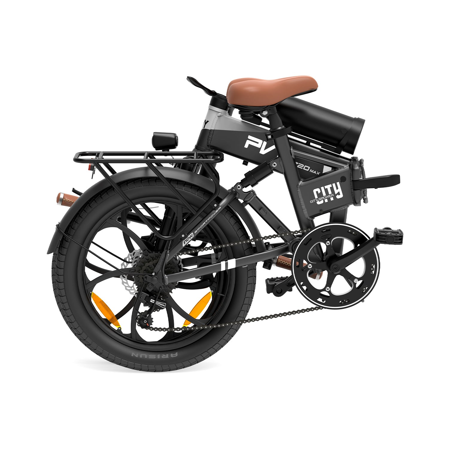 E-bike pieghevole nera. Sella marrone e ruote nere. Piegata per riporla.