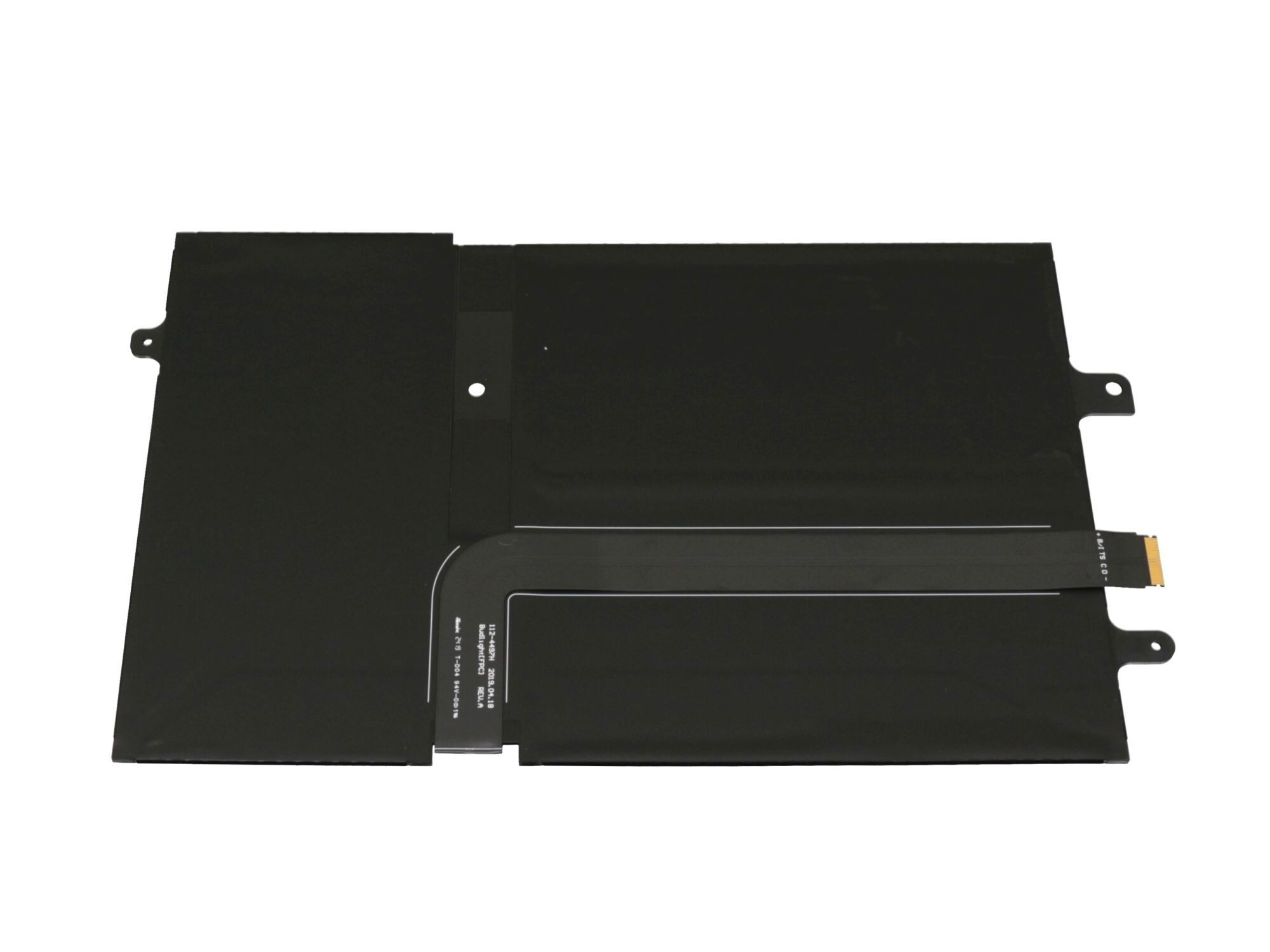 Schwarzer Laptop-Akku mit flexiblem Kabel und Stecker auf weißem Hintergrund.