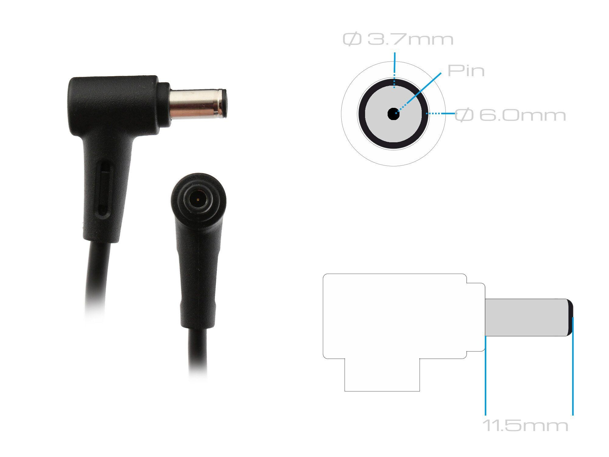 Ein schwarzes, L-förmiges Laptop-Ladegerät. Das Bild enthält Diagramme mit Steckerabmessungen.