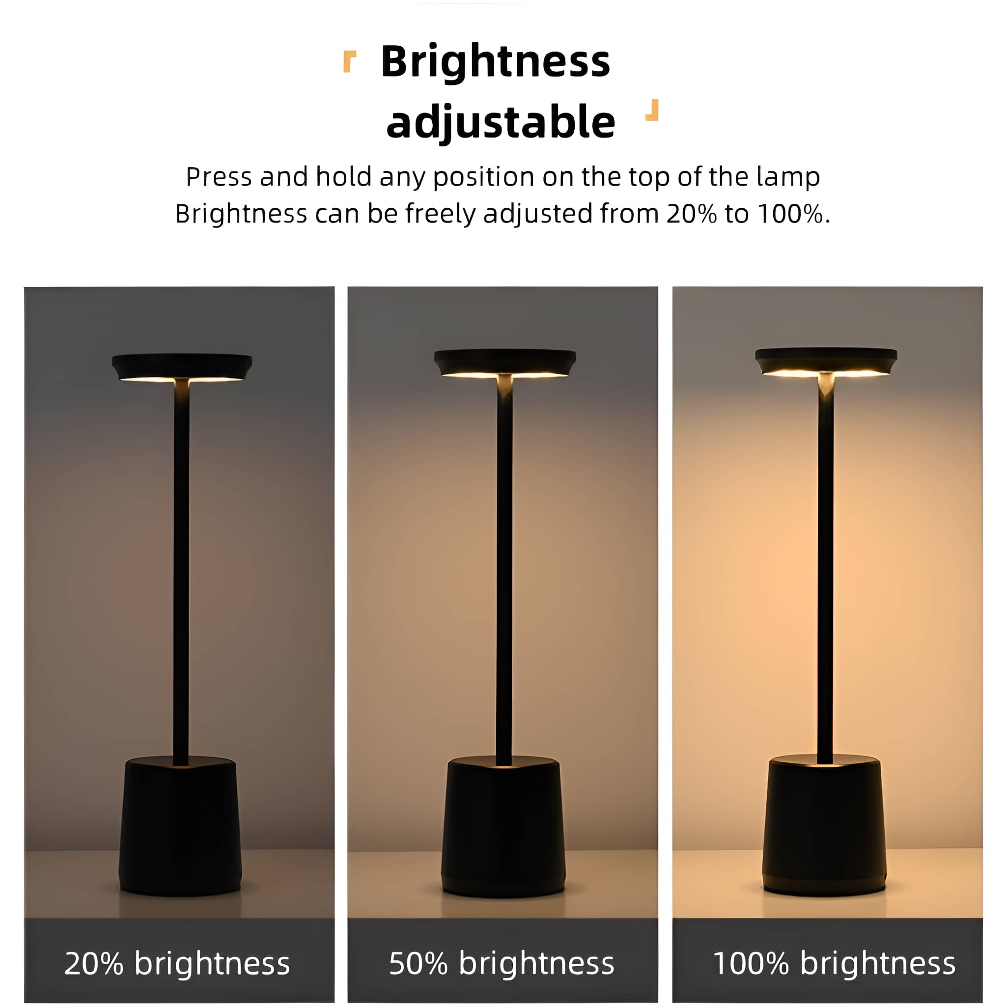 Drei Bilder einer schwarzen Lampe, die Helligkeitsstufen bei 20%, 50% und 100% zeigen.