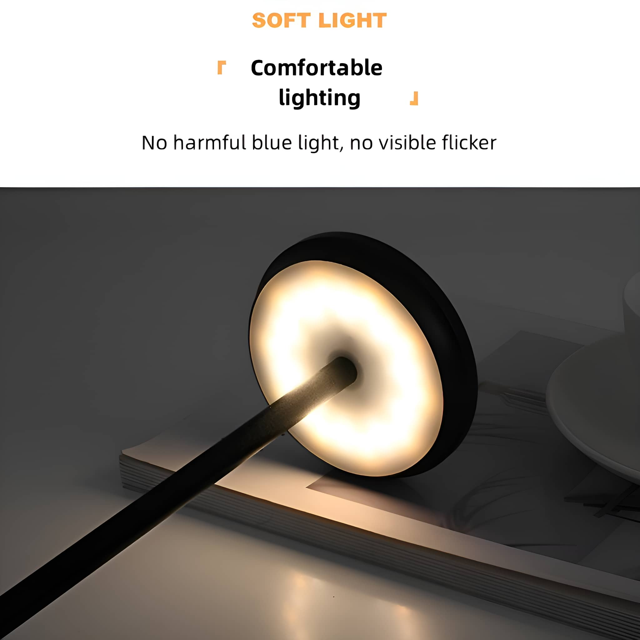 Eine schwarze Lampe mit leuchtendem Licht. Text: 'Sanftes Licht' und 'Angenehme Beleuchtung'.