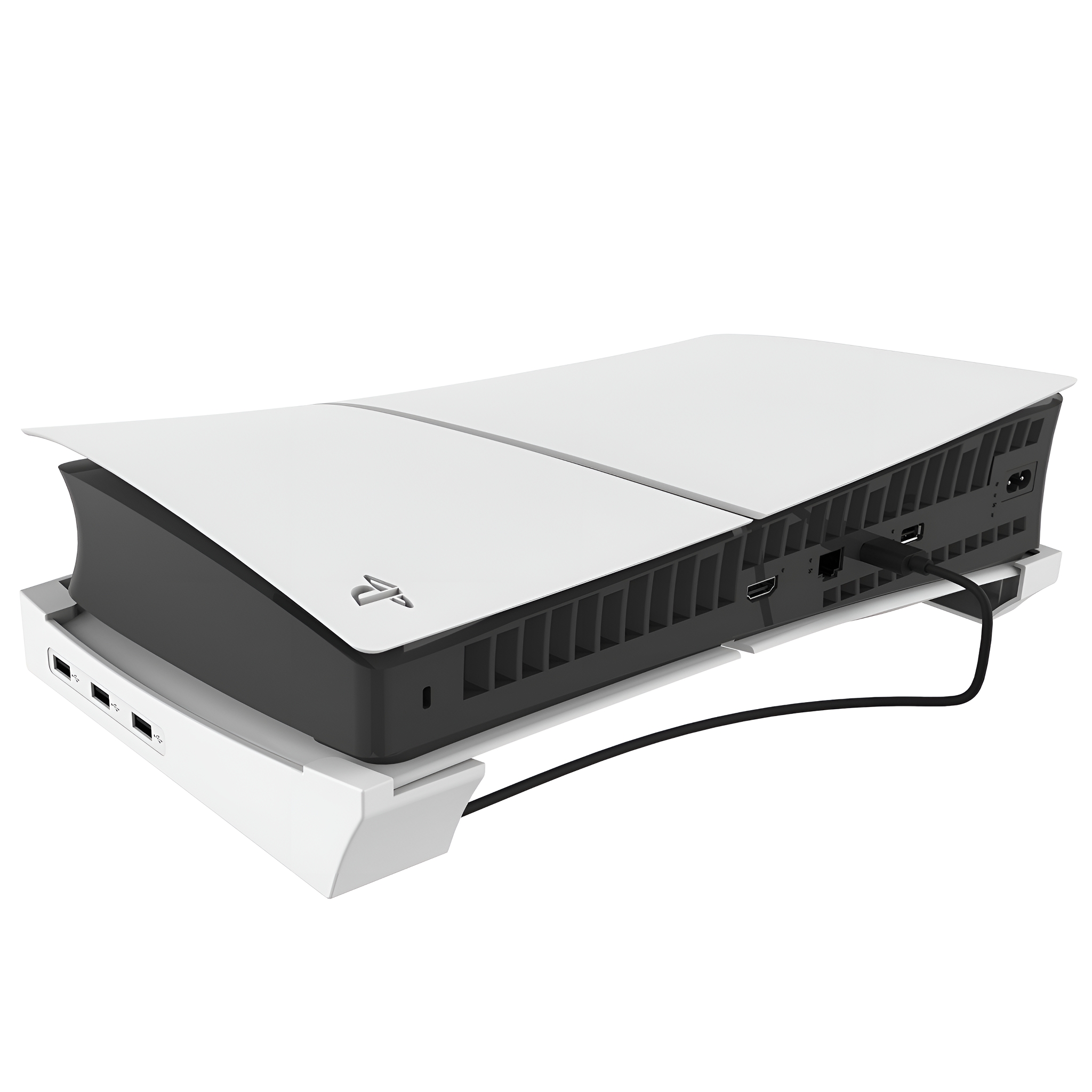 Weiße und schwarze PlayStation 5 Konsole mit weißem Ständer und schwarzem Kabel.