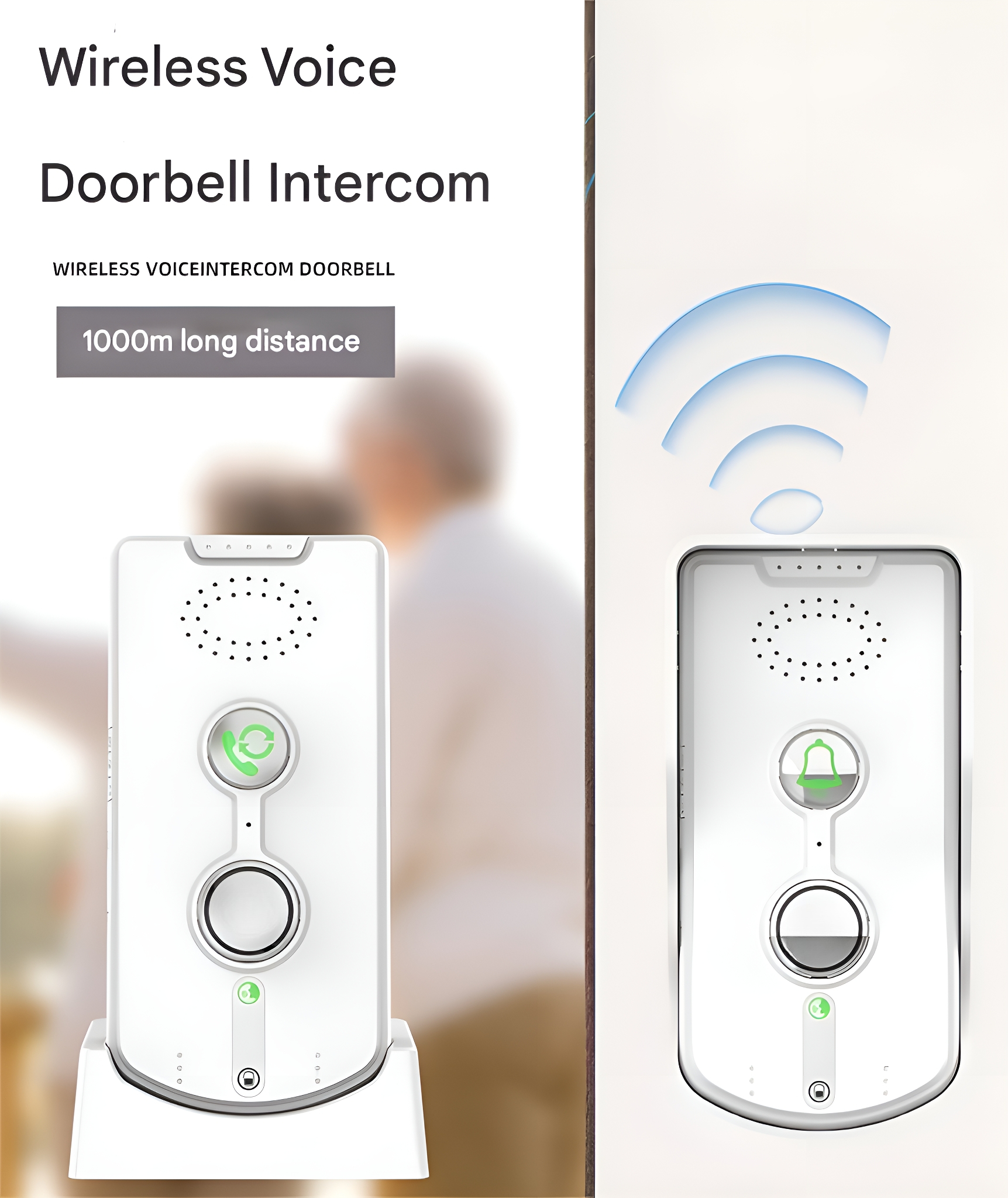 Weißes Türklingel-Intercom mit grünen Knöpfen, einem Empfängersymbol und einem Glockensymbol. Drahtloses Signal oben.