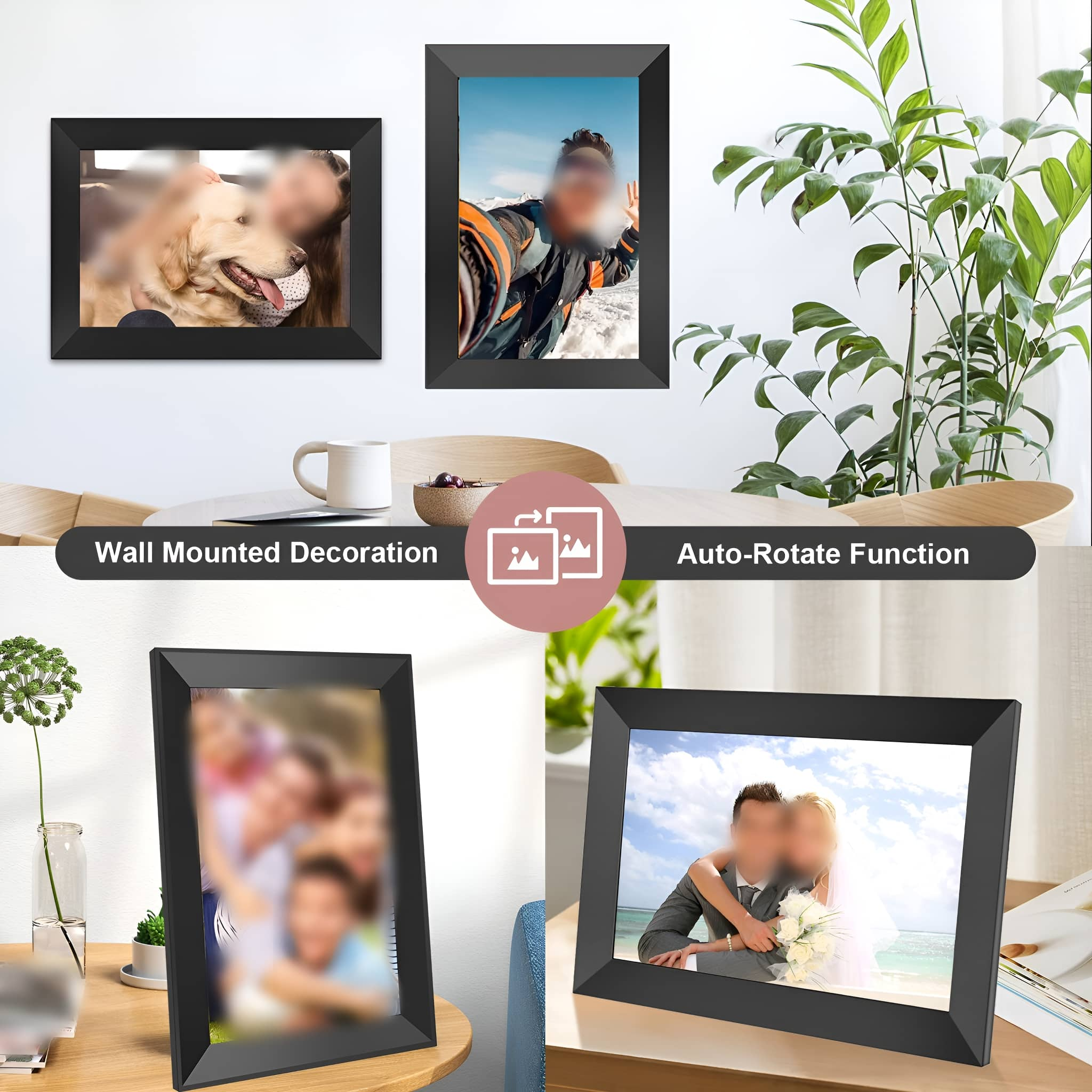 Schwarze digitale Fotorahmen auf einem Tisch und an der Wand, die verschwommene Fotos anzeigen. Weiße Tasse und Schüssel vorhanden.