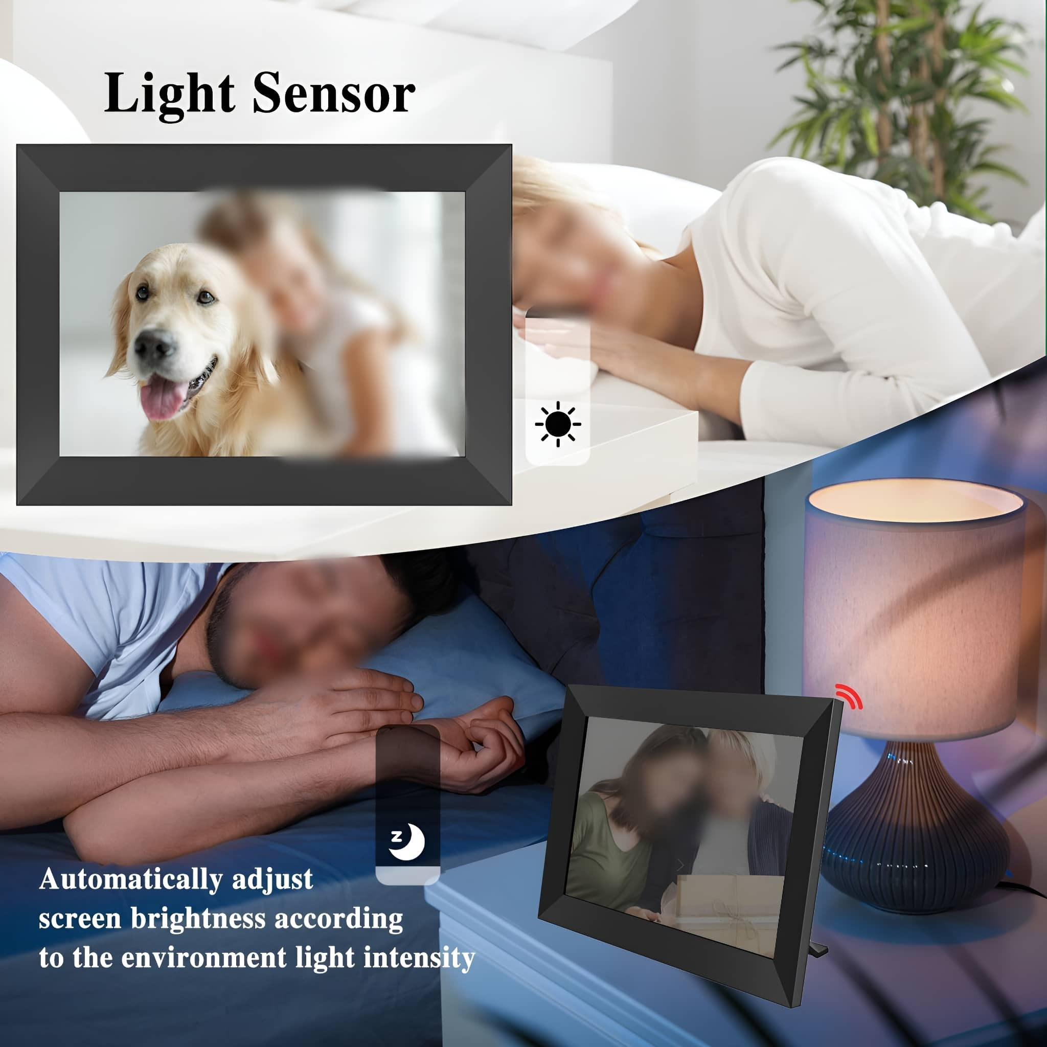 Digitaler Bilderrahmen auf einem Tisch, der Bilder zeigt. Text erwähnt Lichtsensor und Helligkeitsanpassung.