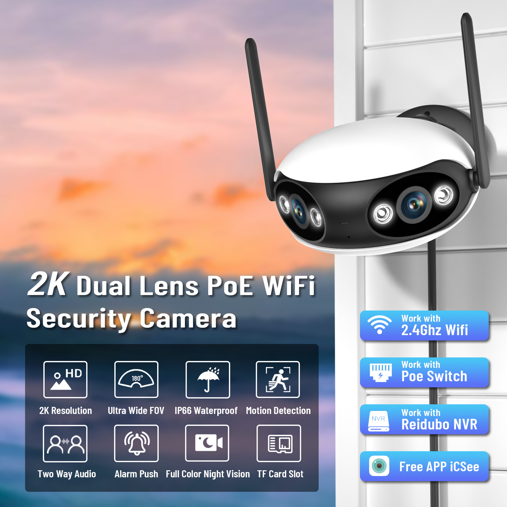 Eine weiße und schwarze Sicherheitskamera mit zwei Antennen. Text: '2K Dual Lens PoE WiFi Security Camera'.