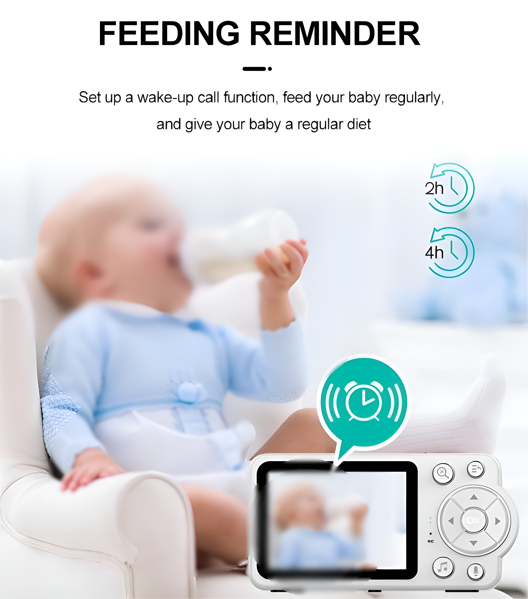 Ein Baby wird mit einer Flasche gefüttert (Hintergrund). Ein Babyphone (Vordergrund).