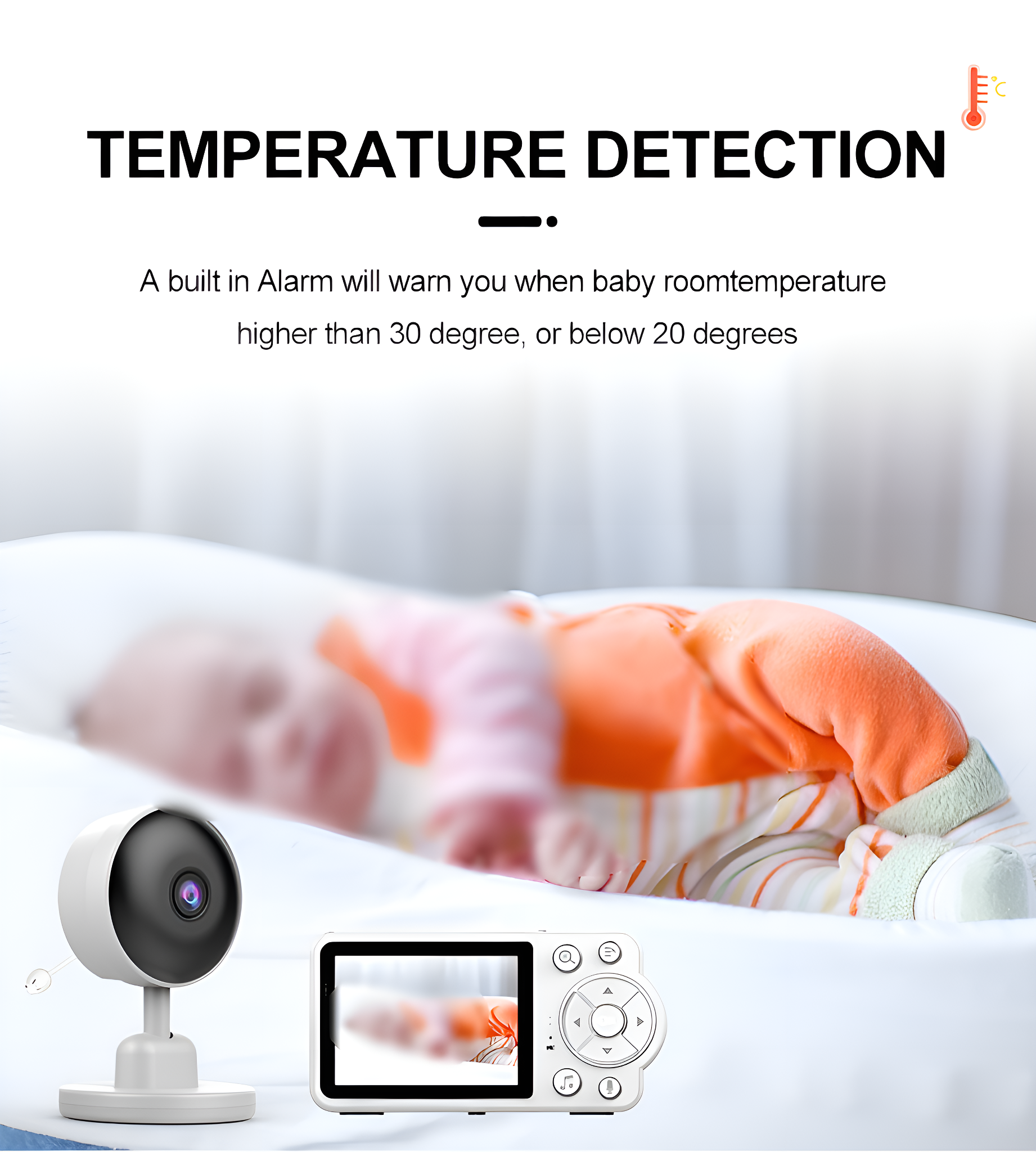 Ein Babyphone-Set mit Kamera und Bildschirm. Ein Baby liegt in einem Kinderbett. Text: Temperaturerkennung.