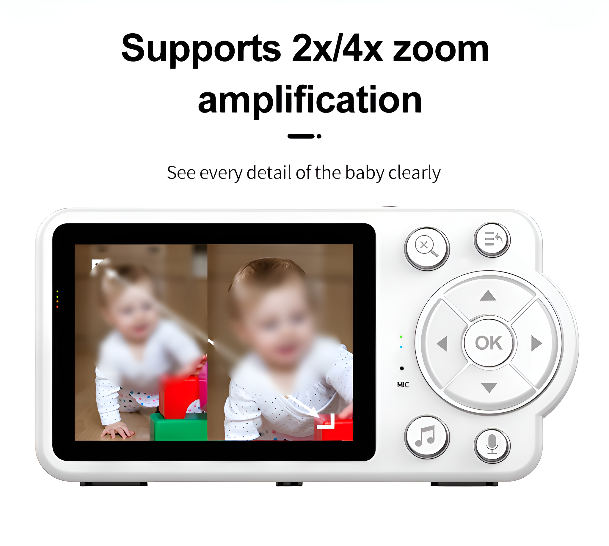 Weißer Babyphone mit Bildschirm, der verschwommene Babybilder zeigt, und Bedientasten an der Seite.