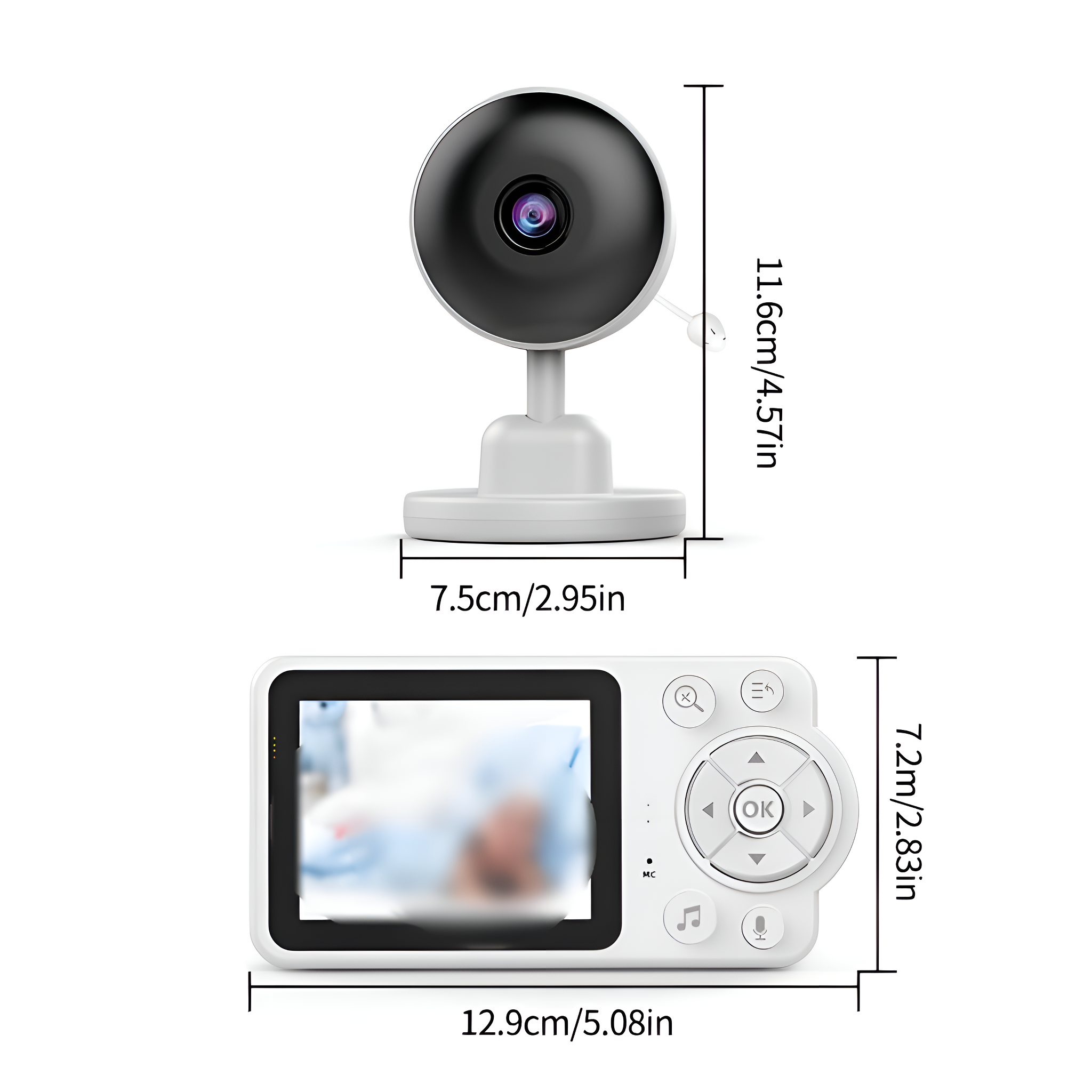Babyfon mit Bildschirm, Kamera und Maßen. Die Kamera ist schwarz und weiß.
