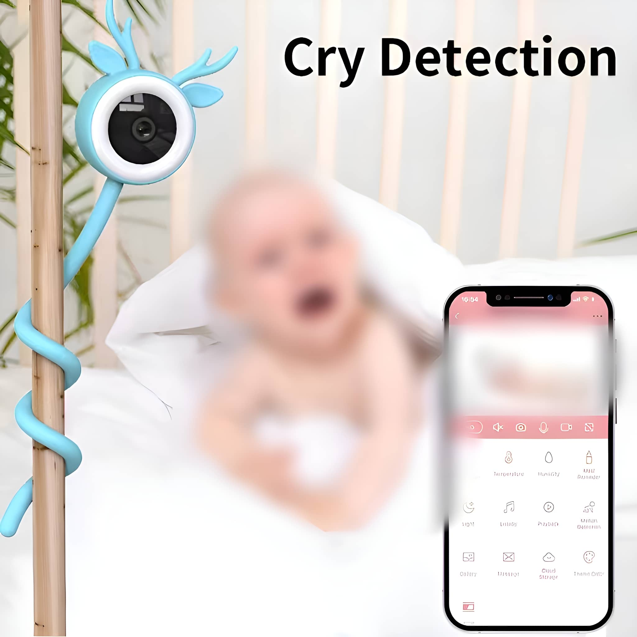 Babyphone mit hirschförmiger Kamera, an einer Holzstange befestigt und Smartphone mit Benutzeroberfläche.