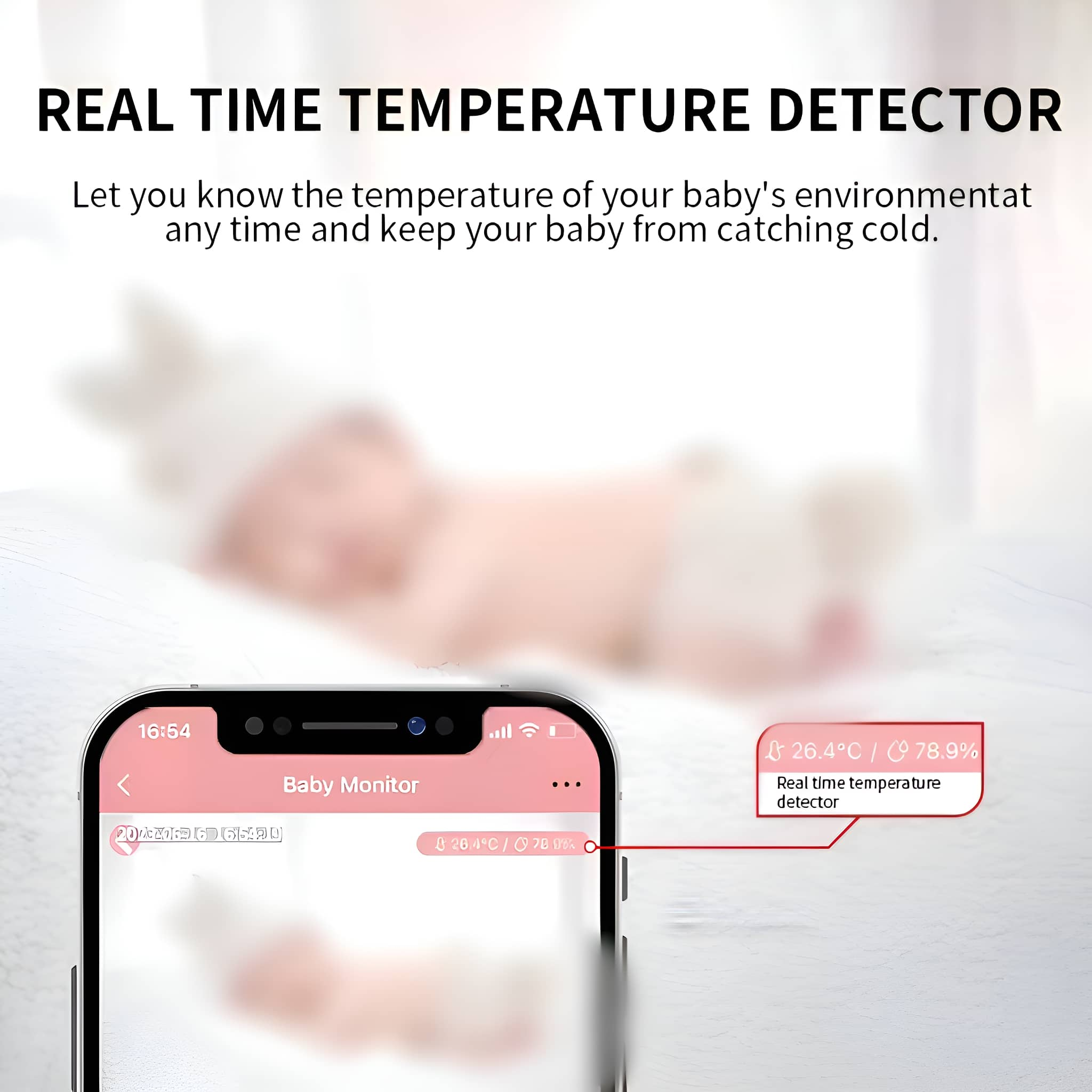 Ein Babyphone-Bildschirm zeigt das Bild des Babys und Temperaturmesswerte an. Hintergrund unscharf, Text: Echtzeit-Temp.-Detektor.