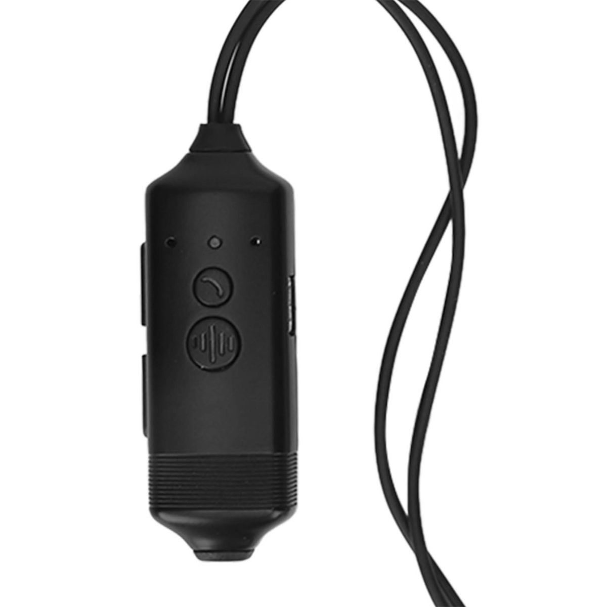 Schwarze Headset-Steuerung mit Knöpfen und Mikrofon, verbunden mit schwarzen Drähten. Weißer Hintergrund.