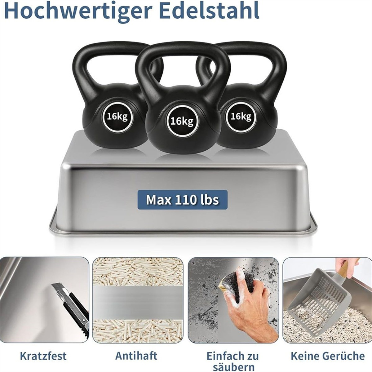 Drei schwarze Kettlebells auf einem Metalltablett. Darunter Bilder von einem Schaber, Antihaftbeschichtung, Reinigung und einer Schaufel.