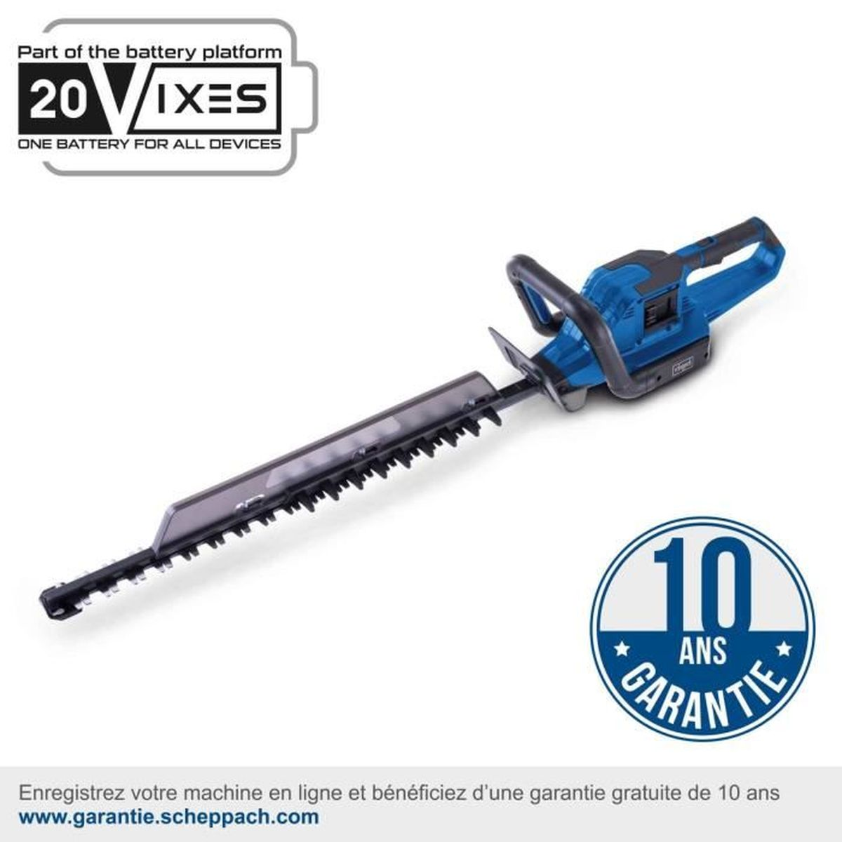 Blaue und schwarze Heckenschere mit Akkuplattform-Text und einem Garantie-Abzeichen.