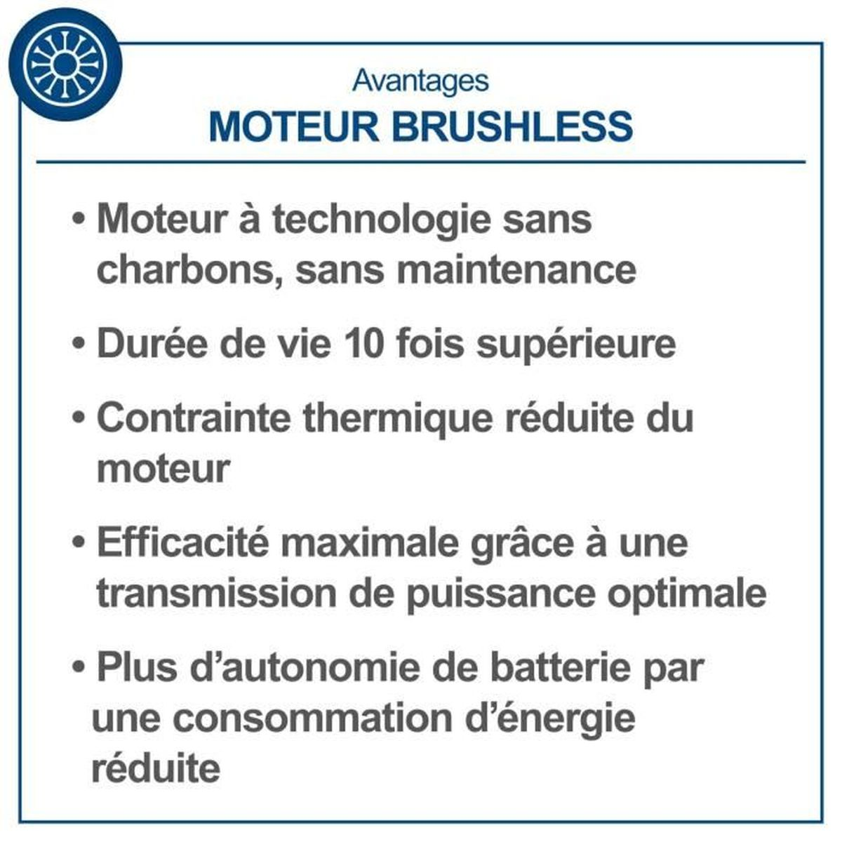 Text über Vorteile bürstenloser Motoren: wartungsfrei, längere Lebensdauer, reduzierte Wärme, optimale Leistung und Akkulaufzeit.