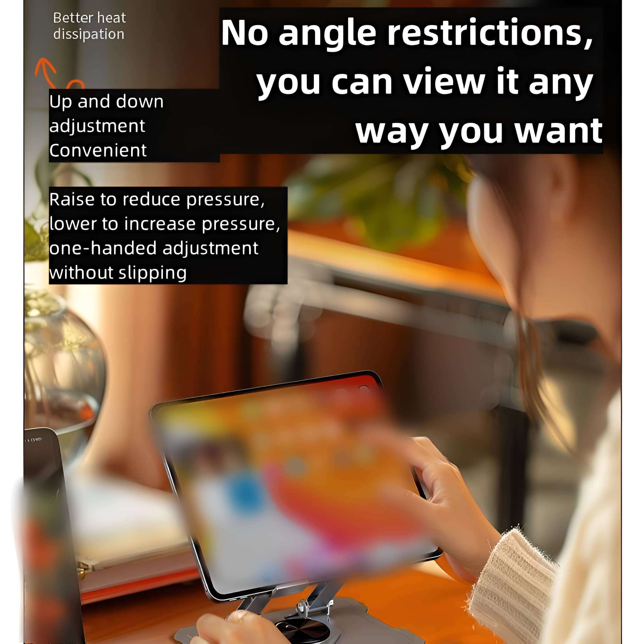 Eine Person benutzt ein Tablet auf einem Ständer mit Text-Overlays. Der Hintergrund ist unscharf.