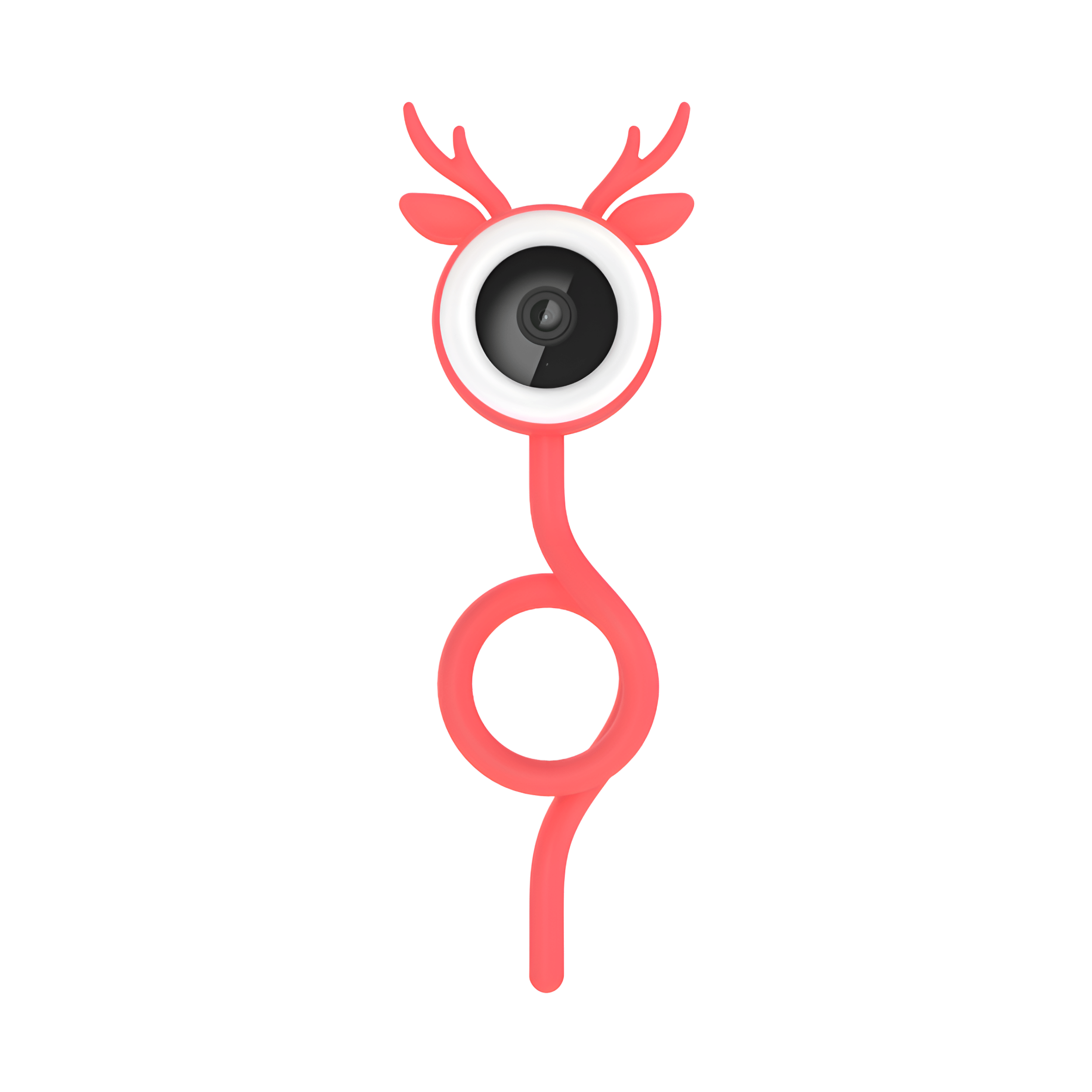 Eine rosa hirschförmige Babyfonkamera mit schwarzem Objektiv auf weißem Hintergrund. Sie hat ein kreisförmiges Design.